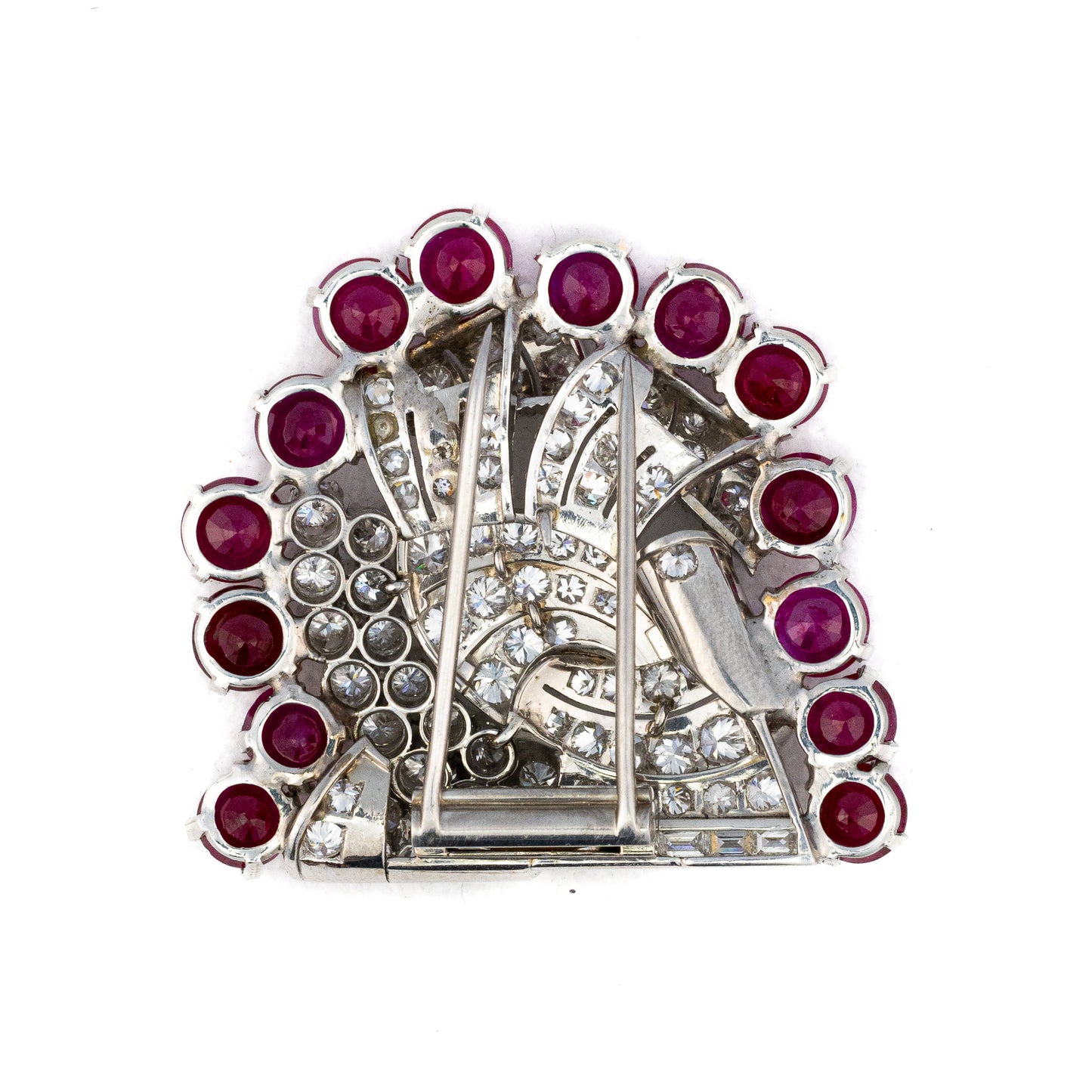 Round and Baguette Diamond & Ruby White Gold Brooch