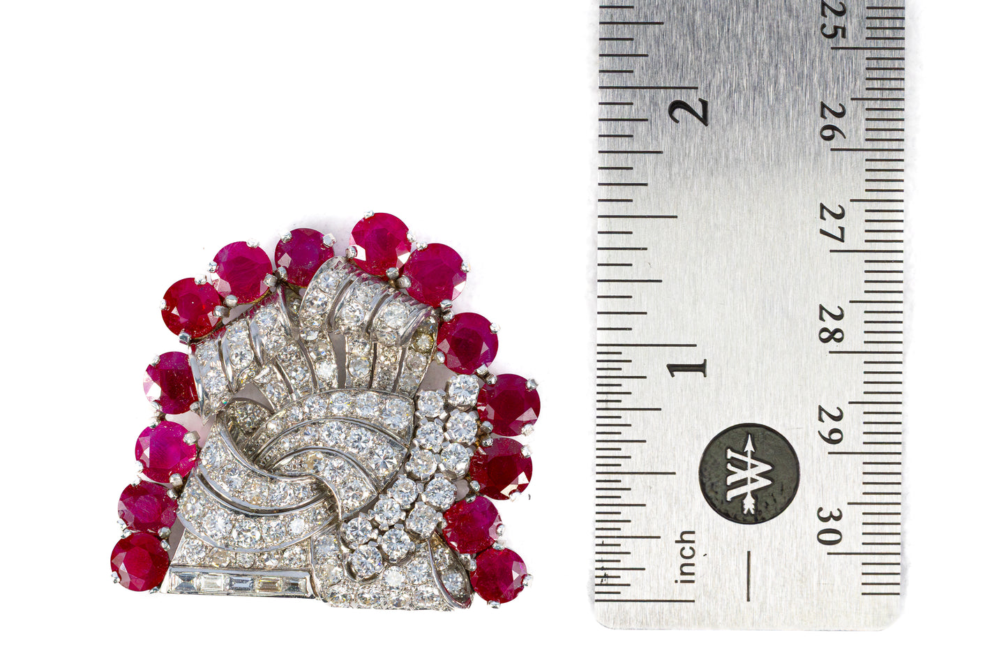 Round and Baguette Diamond & Ruby White Gold Brooch