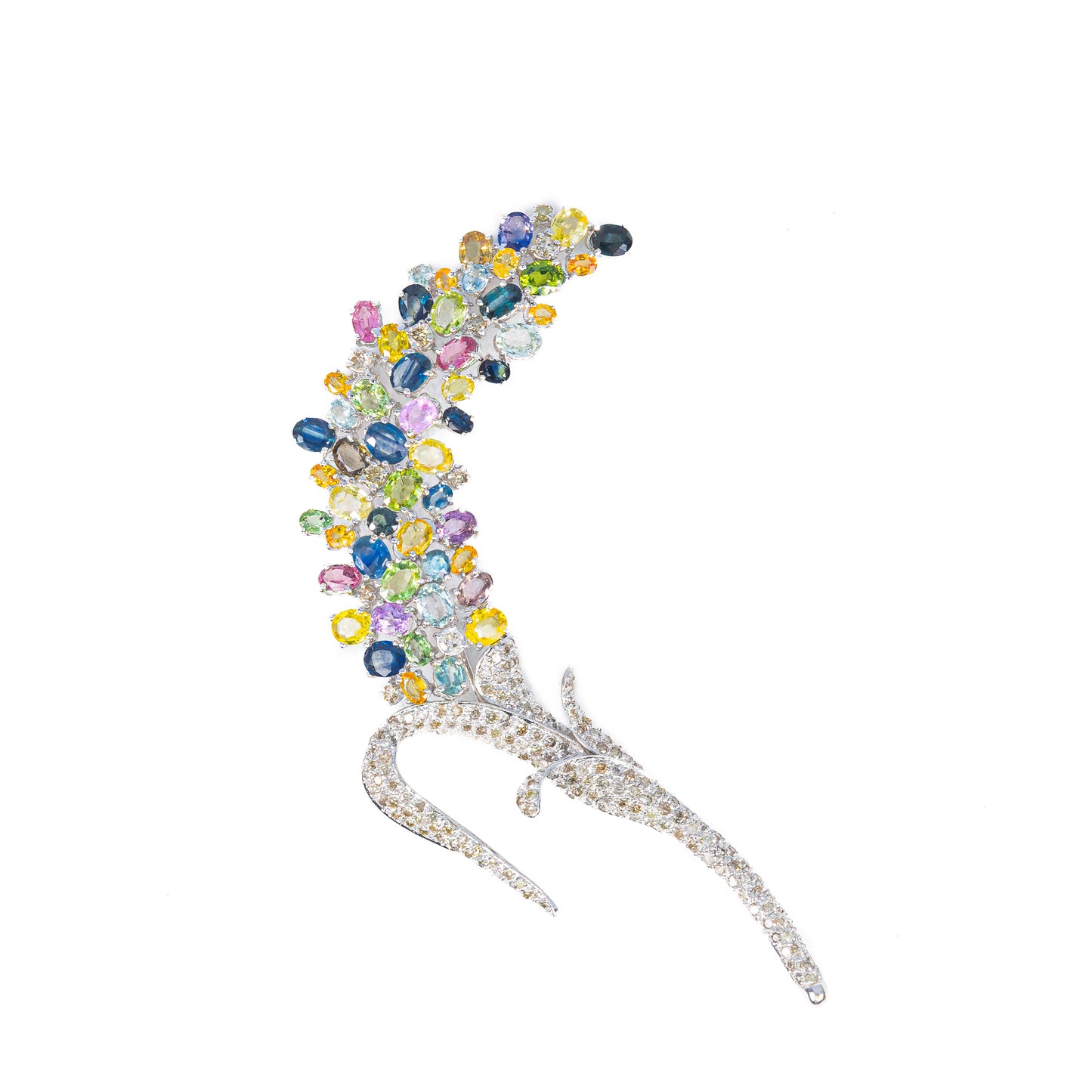 Multi-Colored Sapphire and Diamond Floral White Gold Brooch