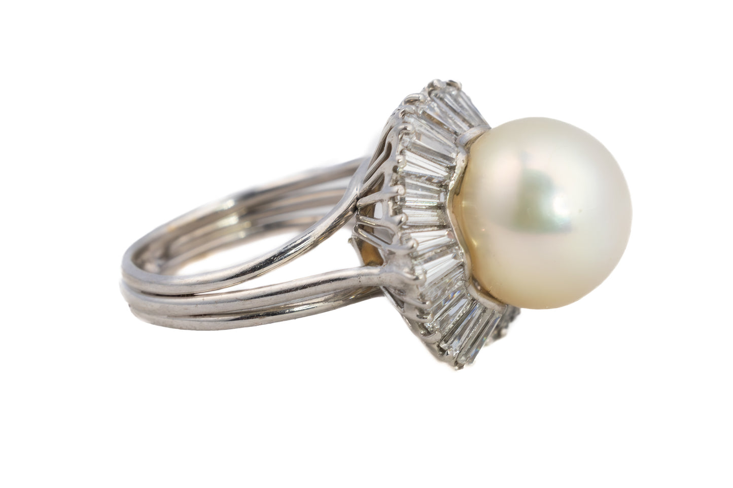 Vintage Baguette Diamond Halo and Pearl Cocktail Ring