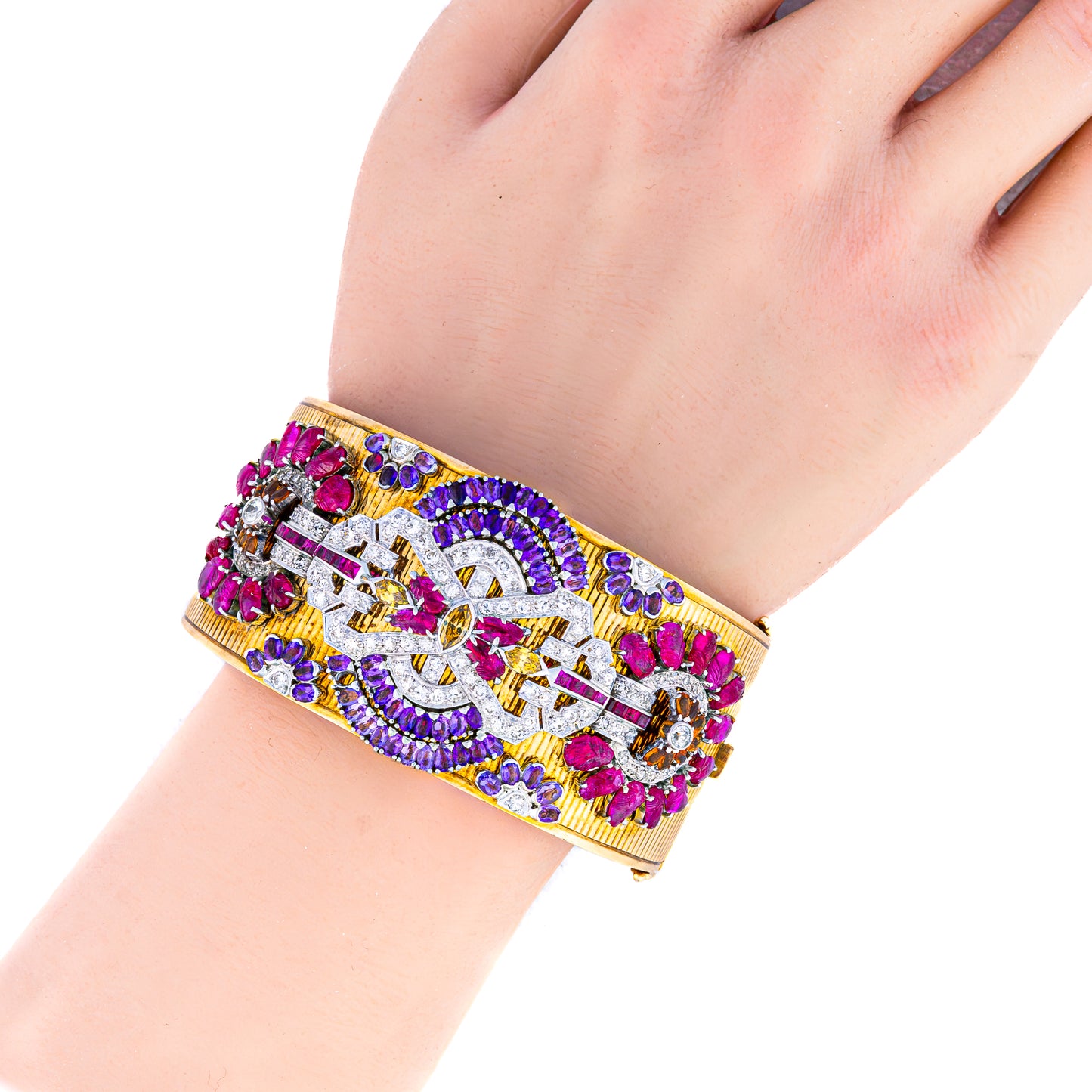 Multi-Gemstone & Diamond Platinum Gold Bangle Bracelet