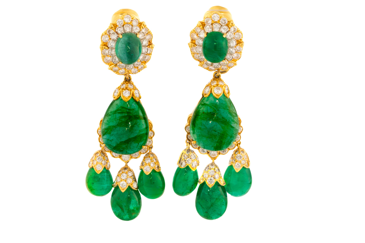 David Webb Pair of Emerald and Diamond Pendent Ear Clips