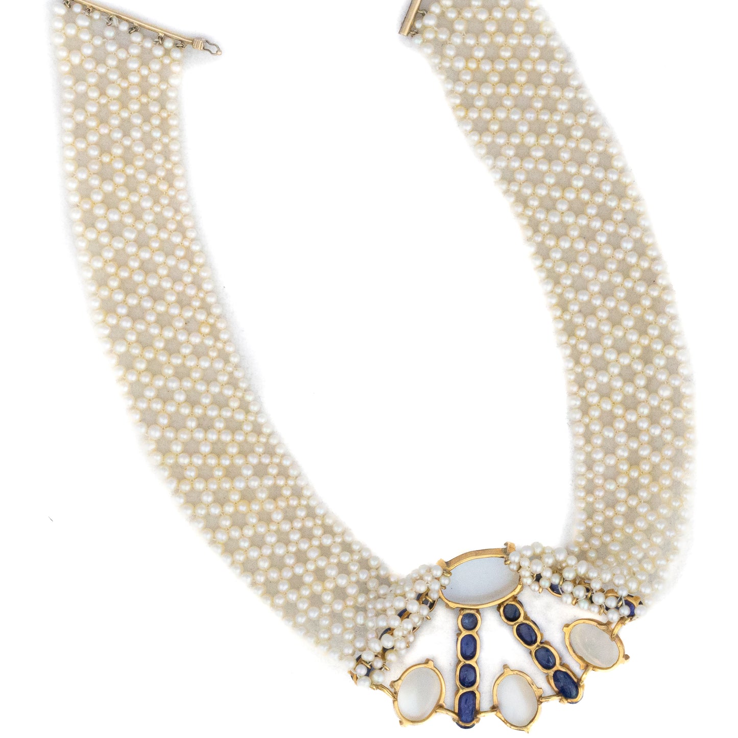 Cabochon Sapphire, Moonstone and Multi Strand Pearl Choker