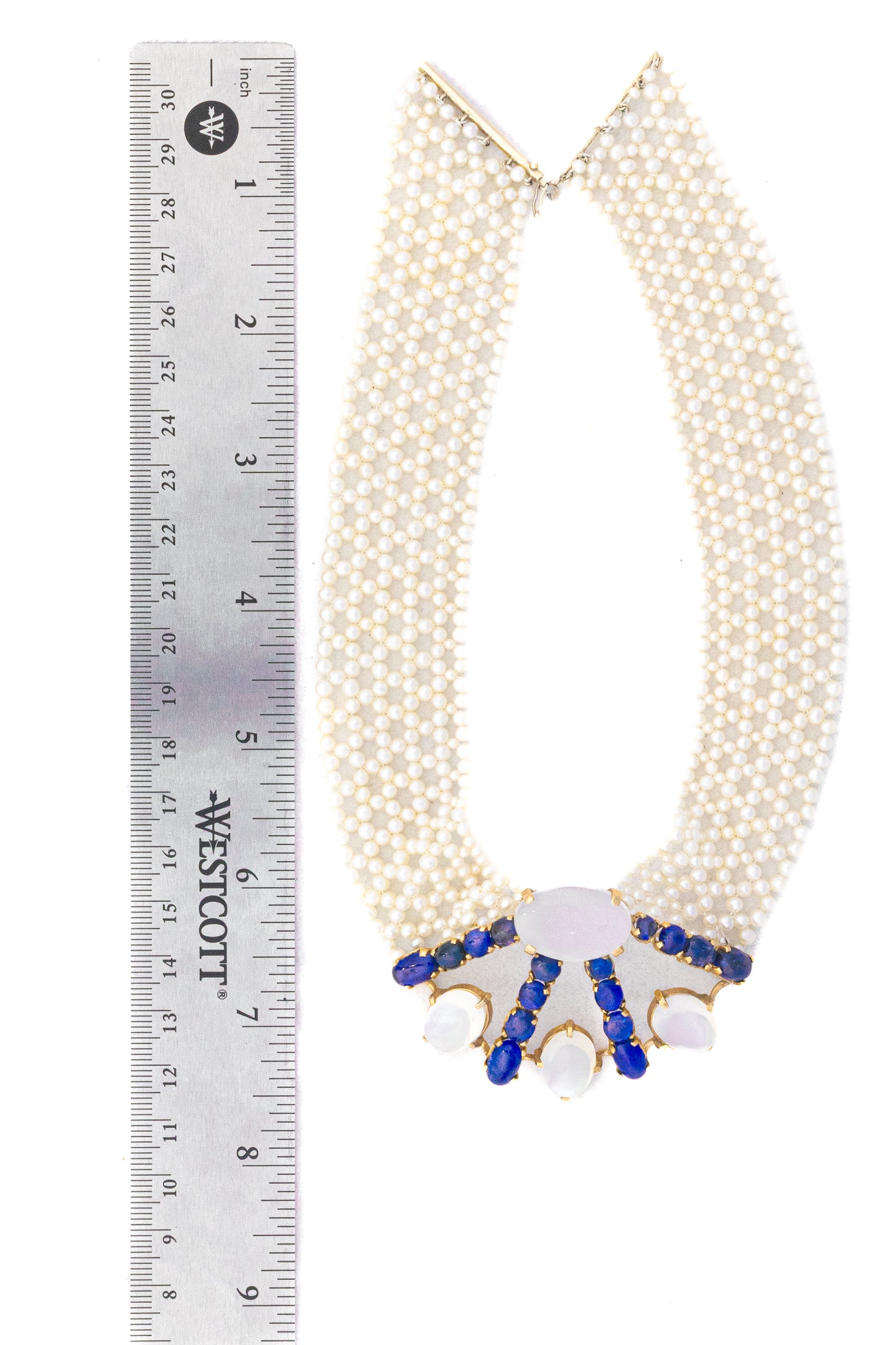 Cabochon Sapphire, Moonstone and Multi Strand Pearl Choker