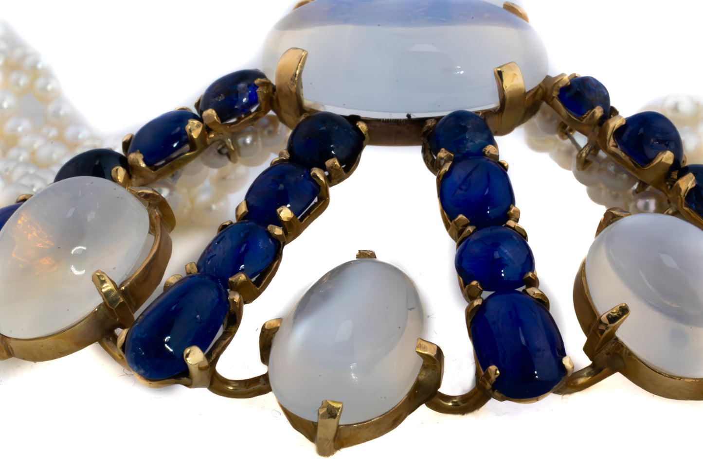 Cabochon Sapphire, Moonstone and Multi Strand Pearl Choker
