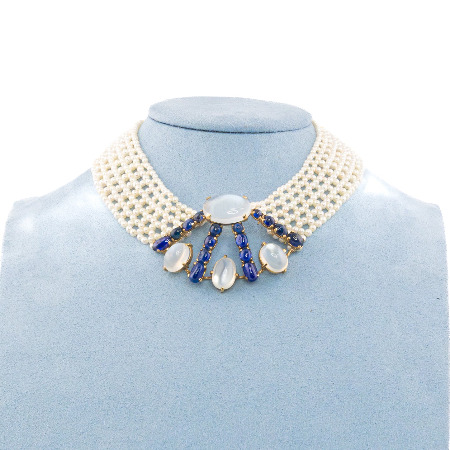 Cabochon Sapphire, Moonstone and Multi Strand Pearl Choker
