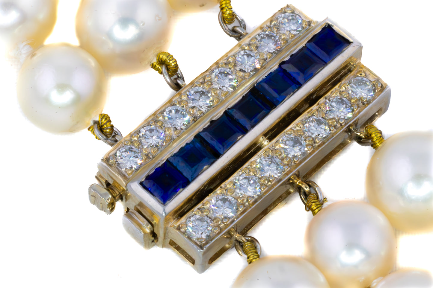 Three-Strand Pearl Necklace with Sapphire and Diamond Clasp