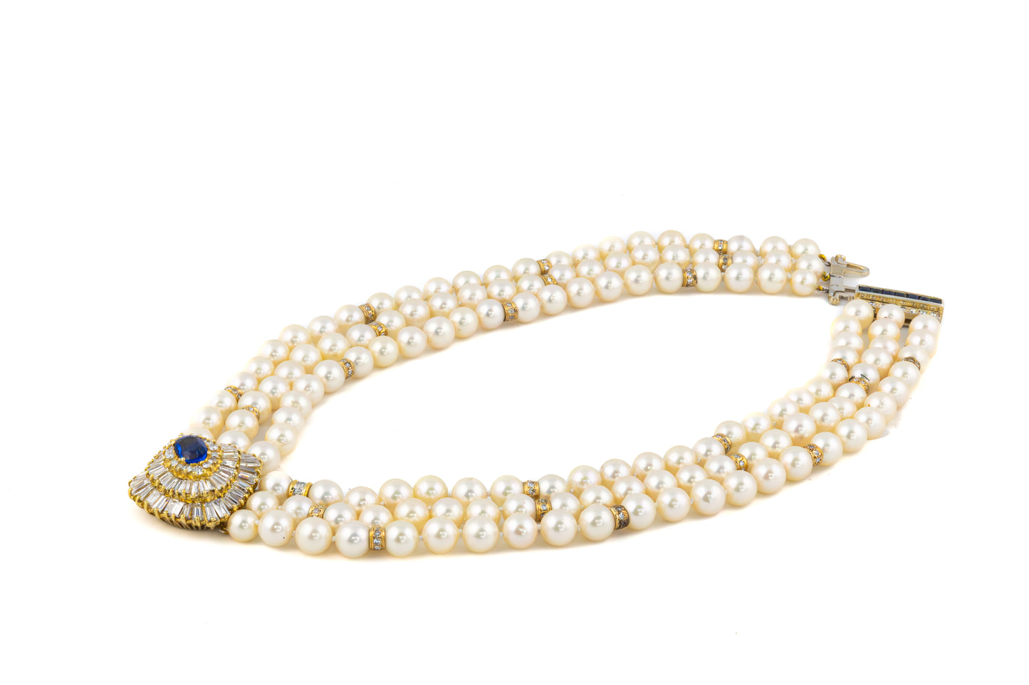 Three-Strand Pearl Necklace with Sapphire and Diamond Clasp
