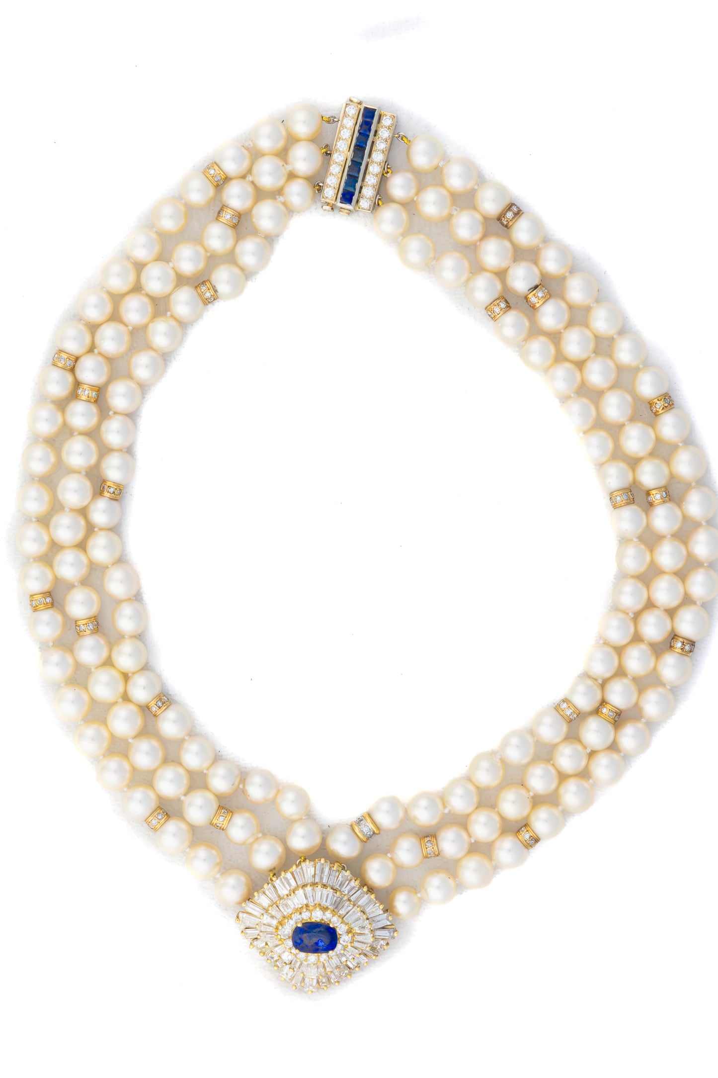 Three-Strand Pearl Necklace with Sapphire and Diamond Clasp