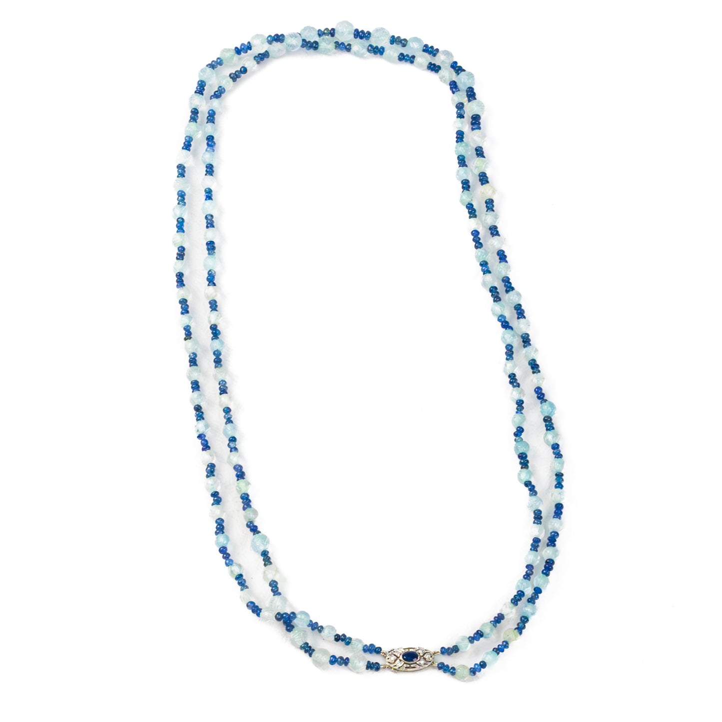 Art Deco Platinum, Sapphire, and Aquamarine Bead Double Strand Necklace