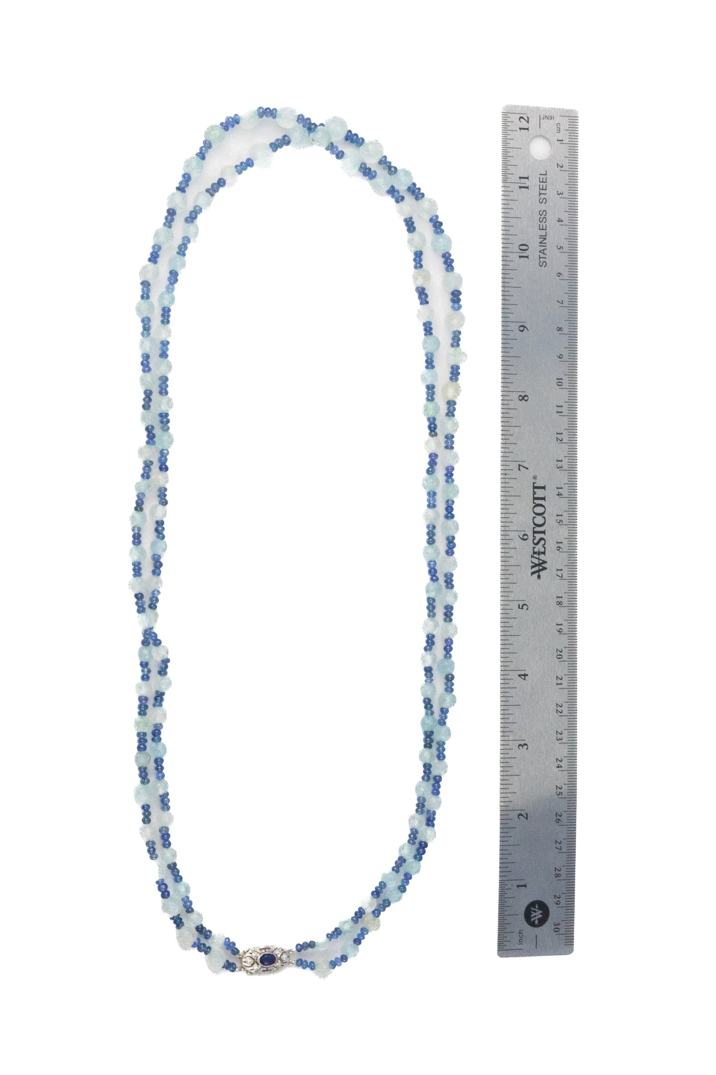 Art Deco Platinum, Sapphire, and Aquamarine Bead Double Strand Necklace