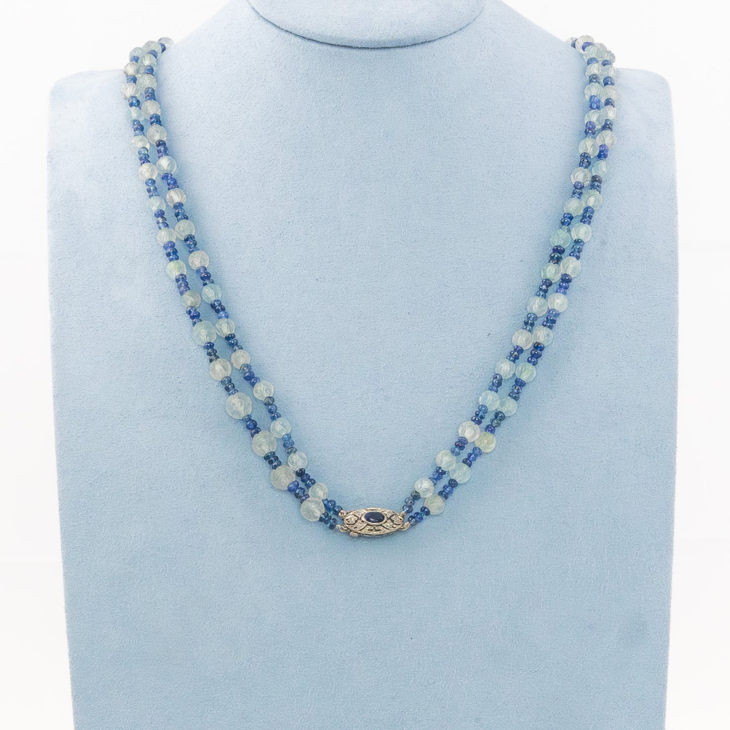 Art Deco Platinum, Sapphire, and Aquamarine Bead Double Strand Necklace