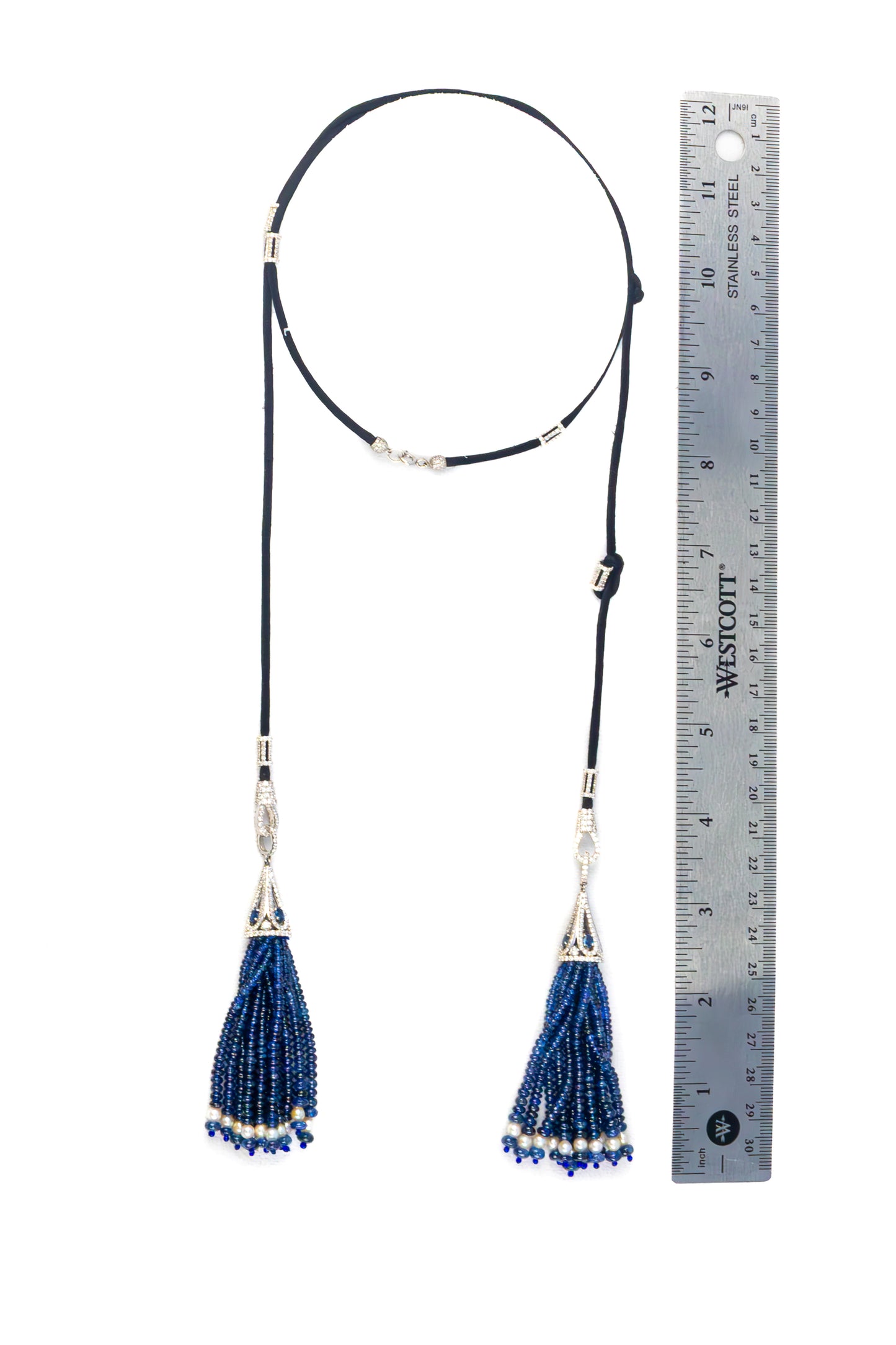Sapphire and Diamond Tassel Necklace on Silk