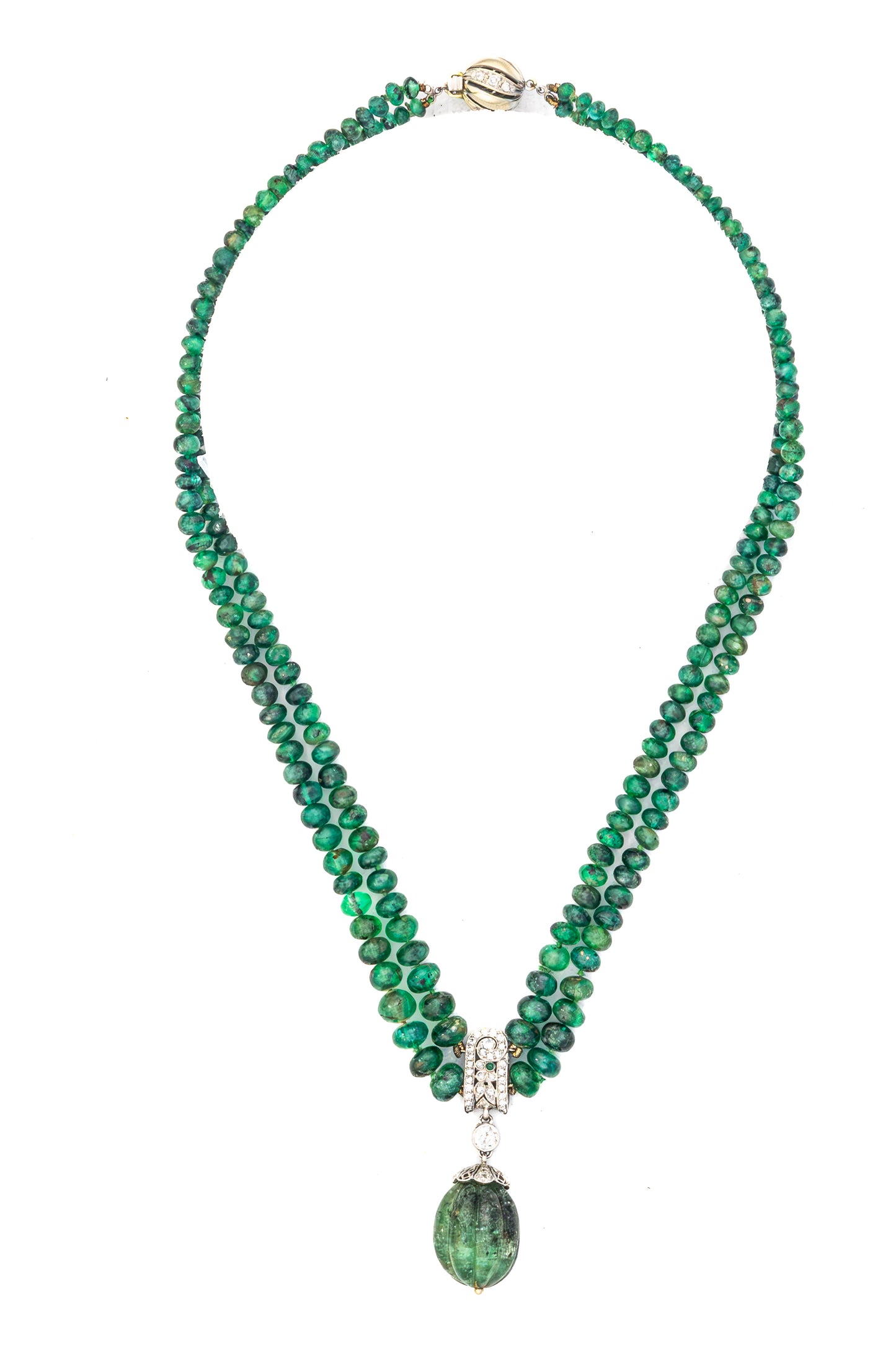 Multi Strand Bead Emerald Necklace with Carved Drop Pendant