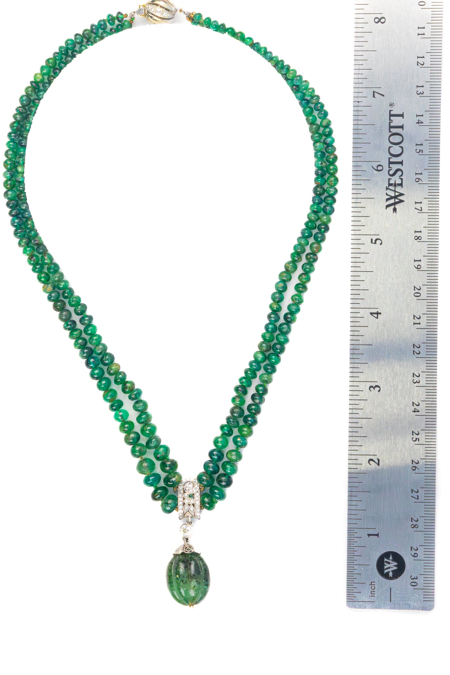 Multi Strand Bead Emerald Necklace with Carved Drop Pendant
