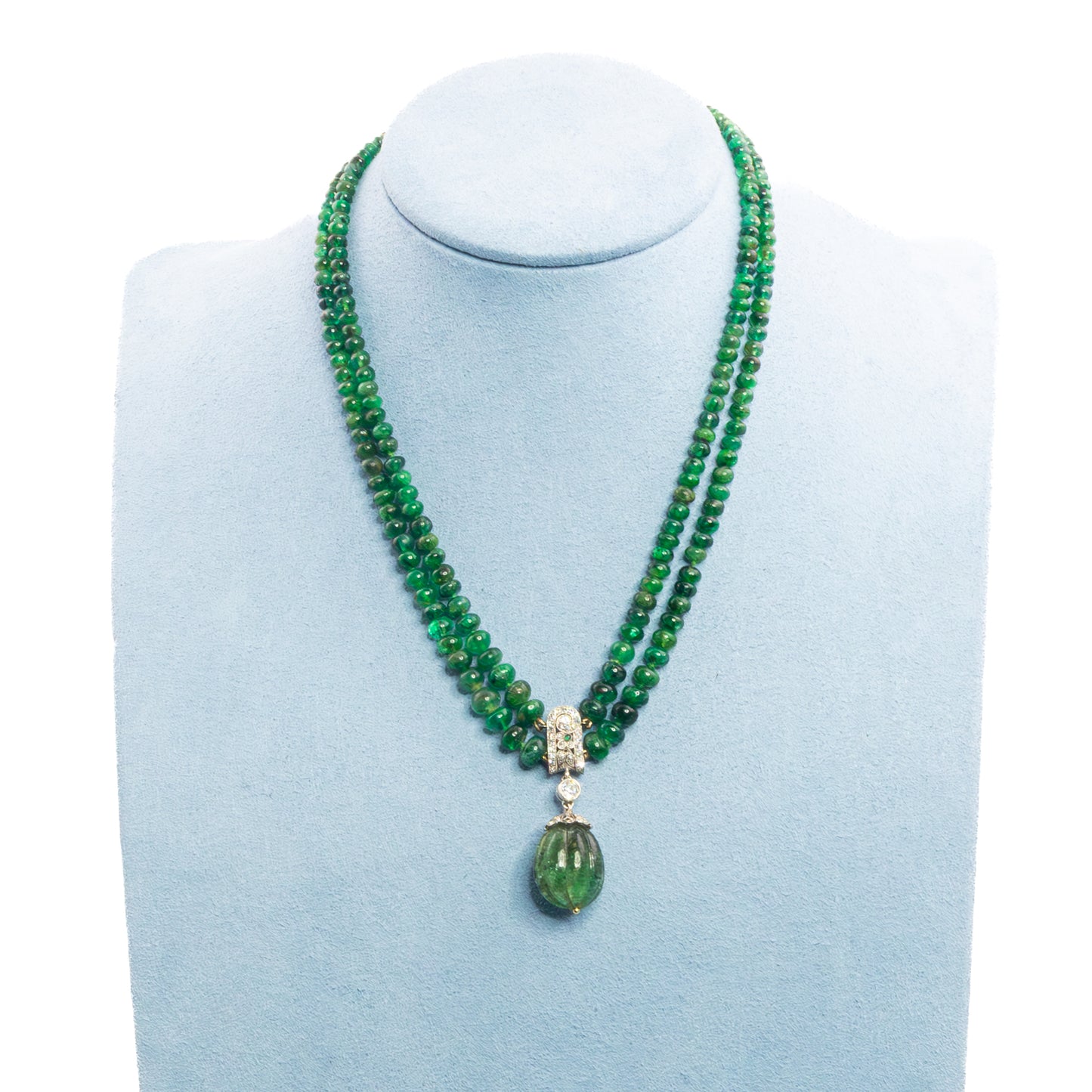 Multi Strand Bead Emerald Necklace with Carved Drop Pendant