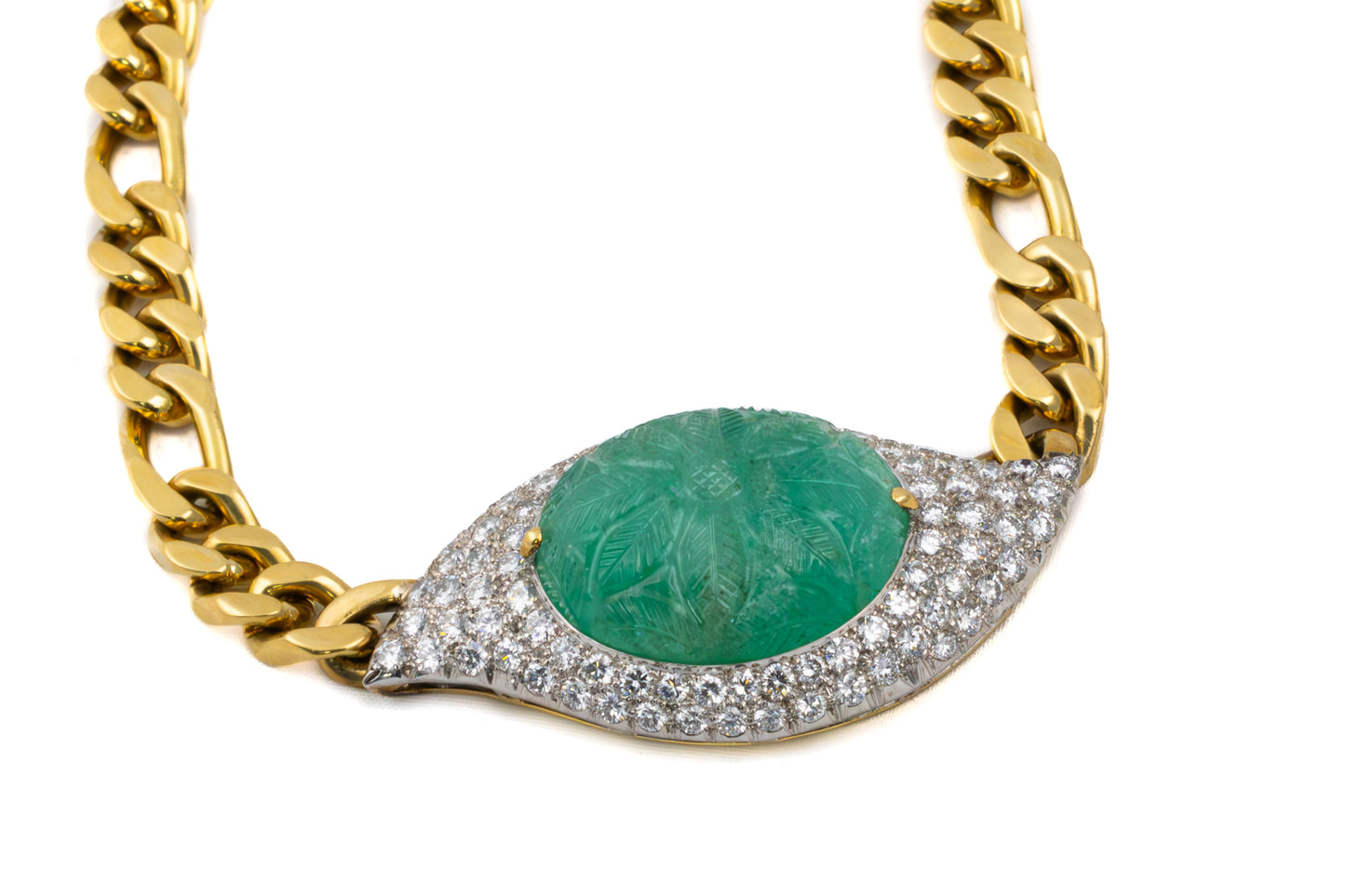 Carved Emerald & Diamond Link Necklace