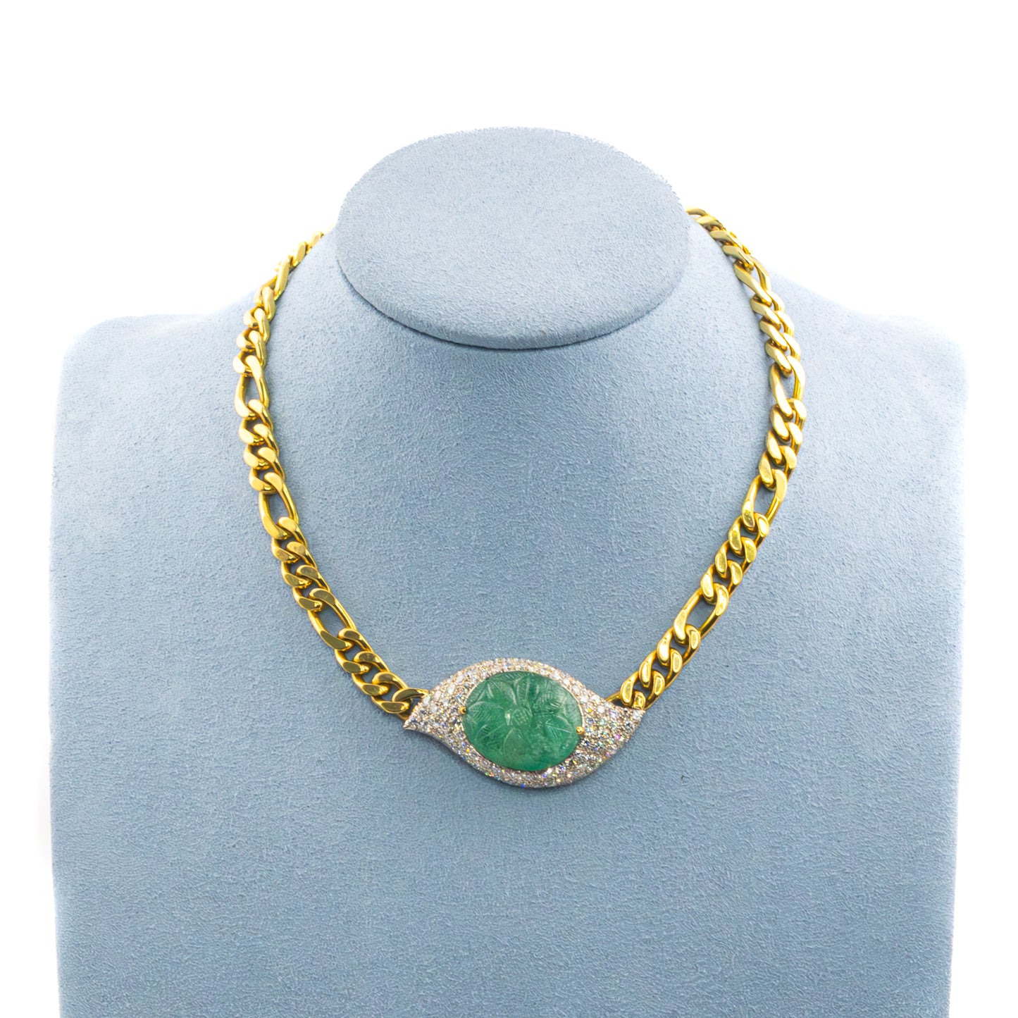 Carved Emerald & Diamond Link Necklace