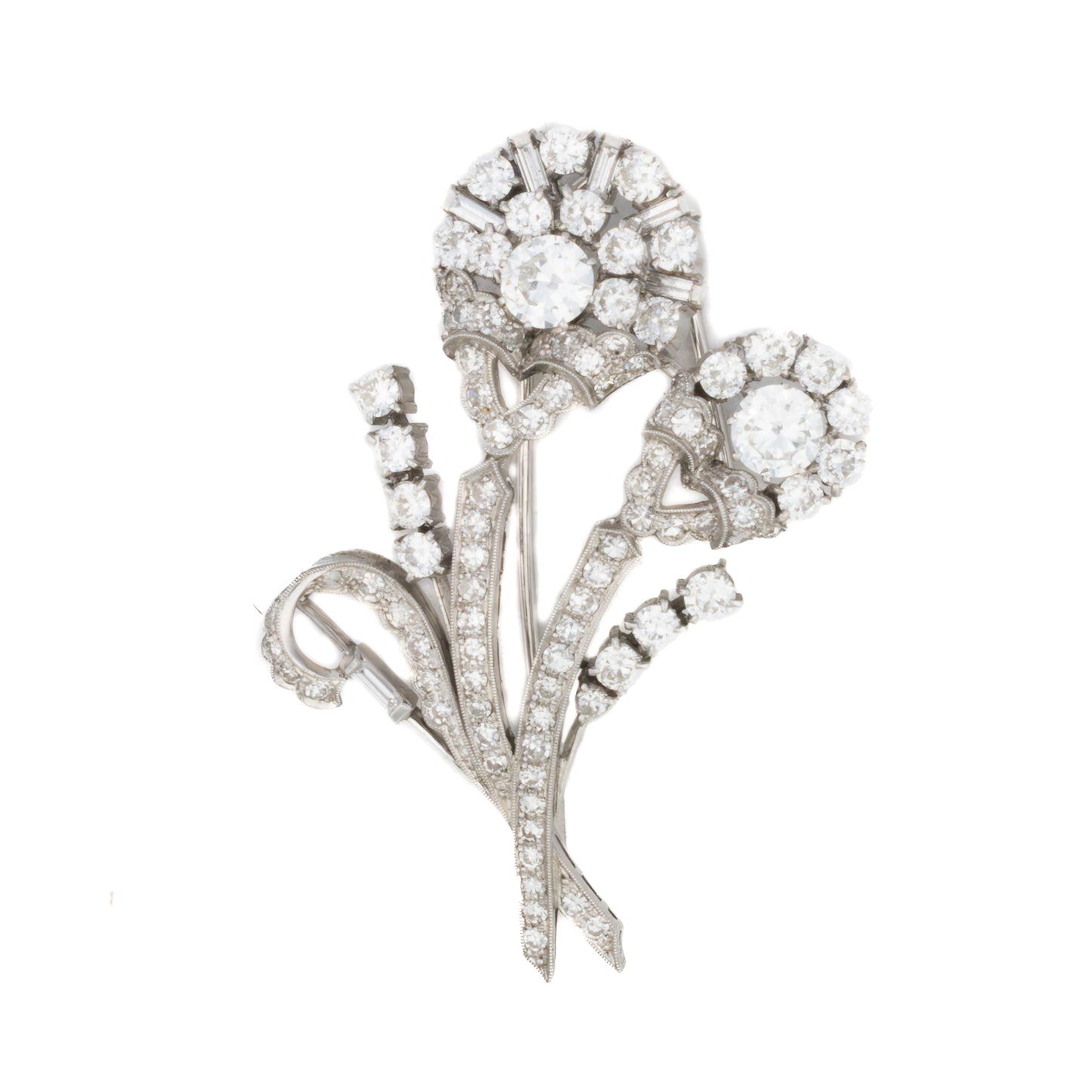 Art Deco Diamond Double Flower Brooch in Platinum