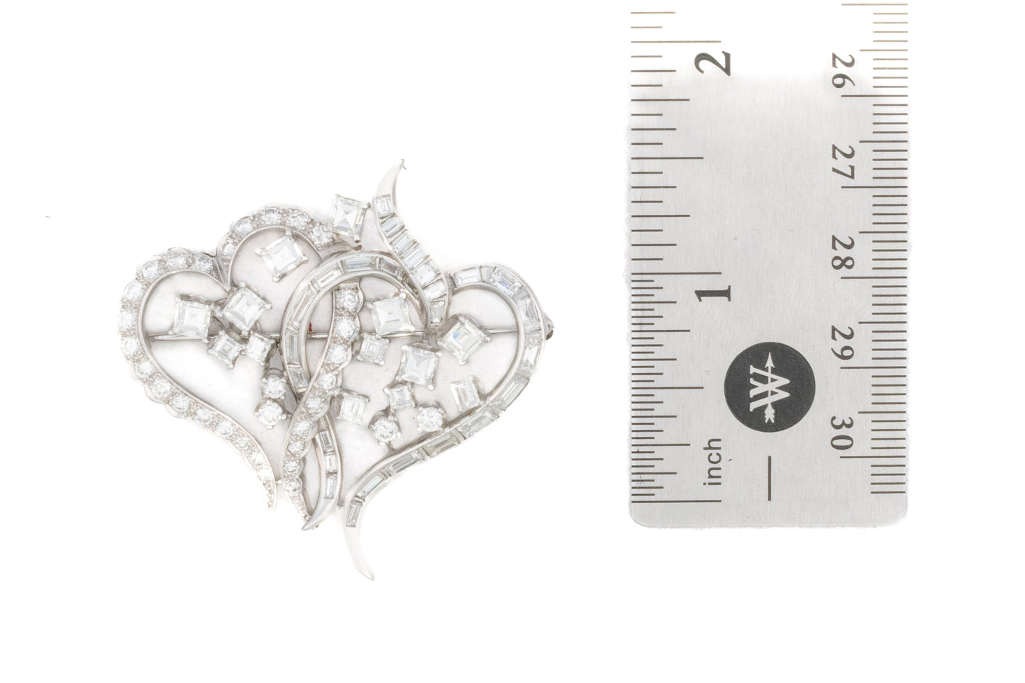Diamond Double Heart Brooch in Platinum