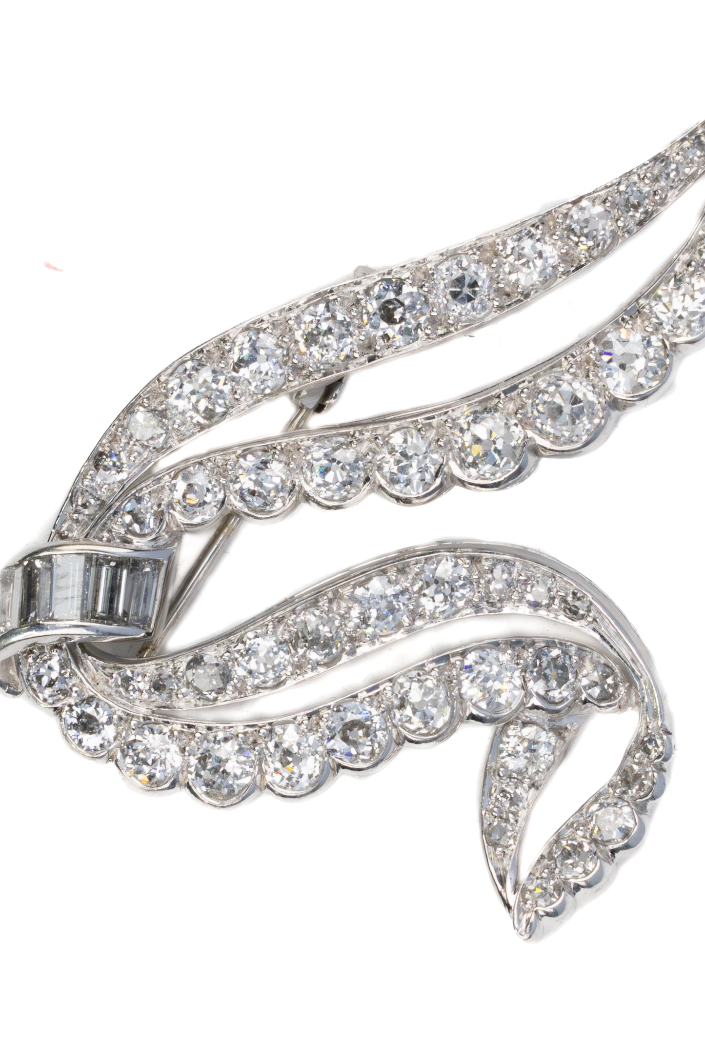 Round and Baguette Diamond Ribbon Brooch in Platinum