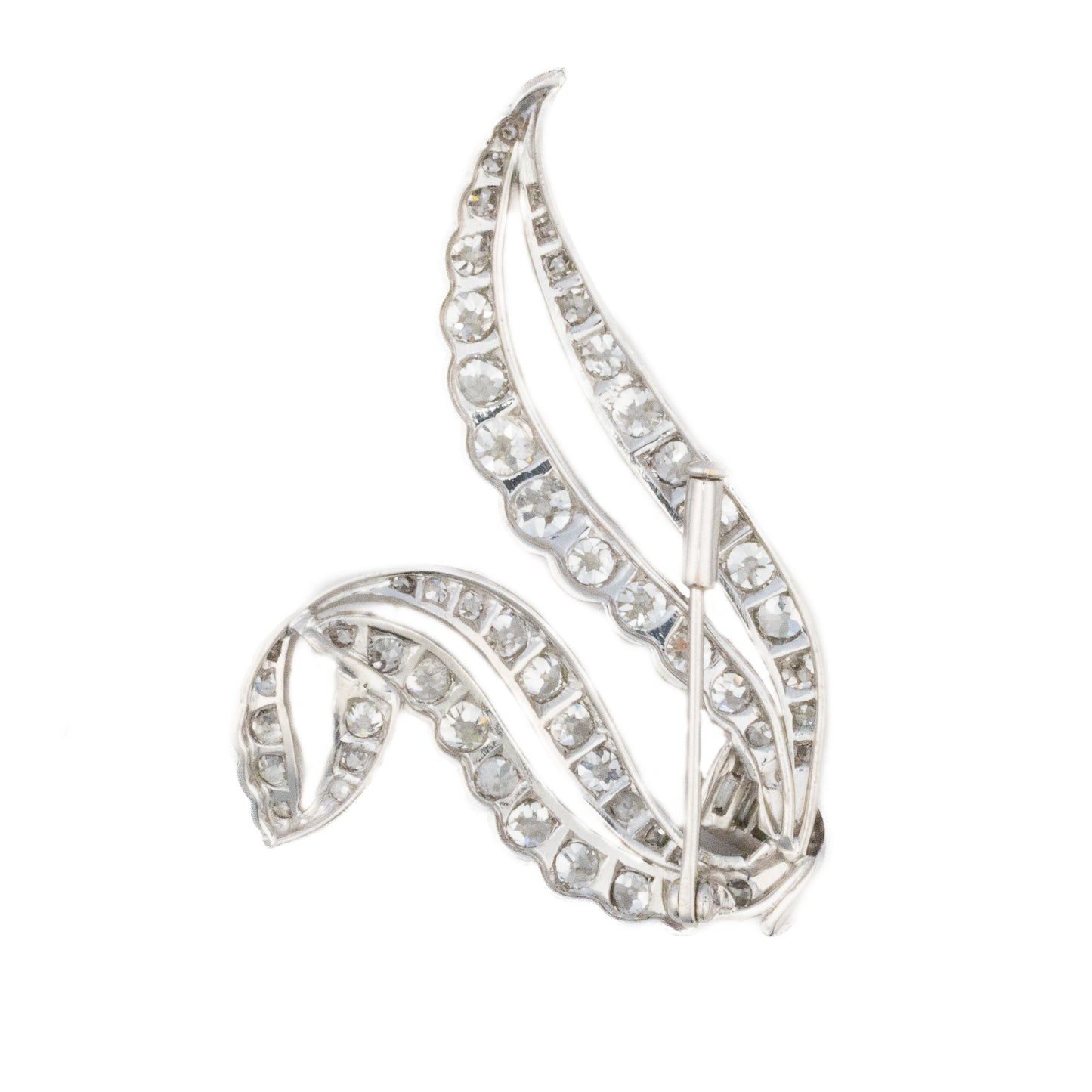 Round and Baguette Diamond Ribbon Brooch in Platinum