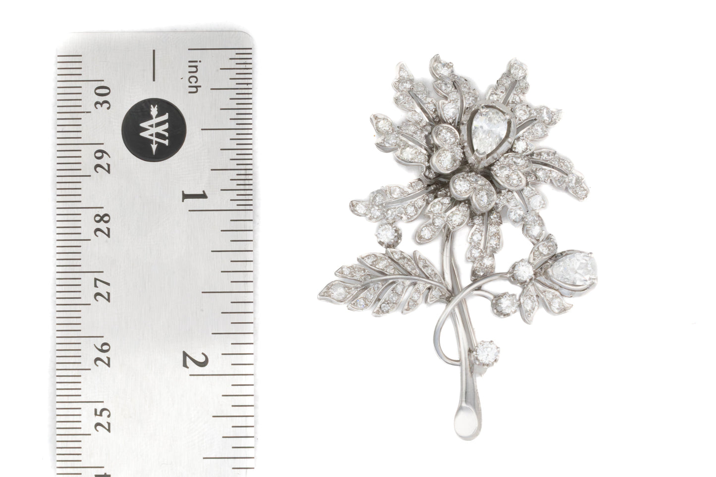 Platinum Floral Round and Pear Shaped Diamond Brooch