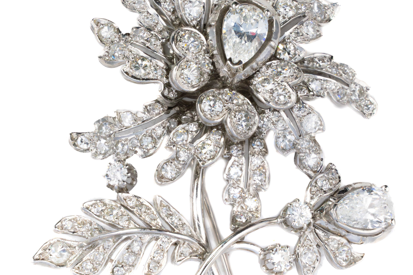 Platinum Floral Round and Pear Shaped Diamond Brooch