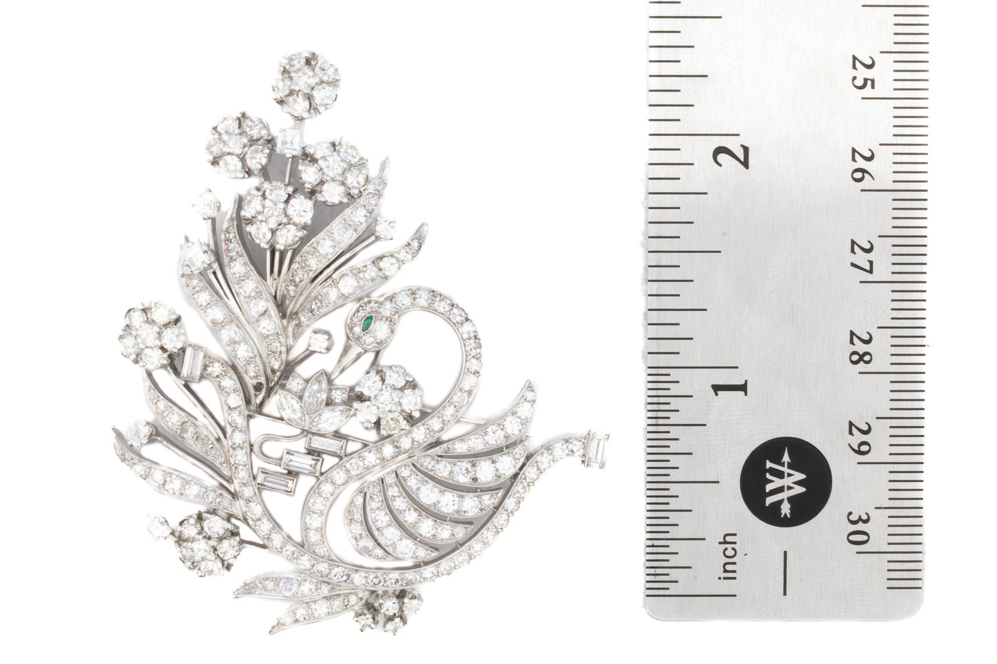 Diamond and Emerald Floral Swan Brooch in Platinum
