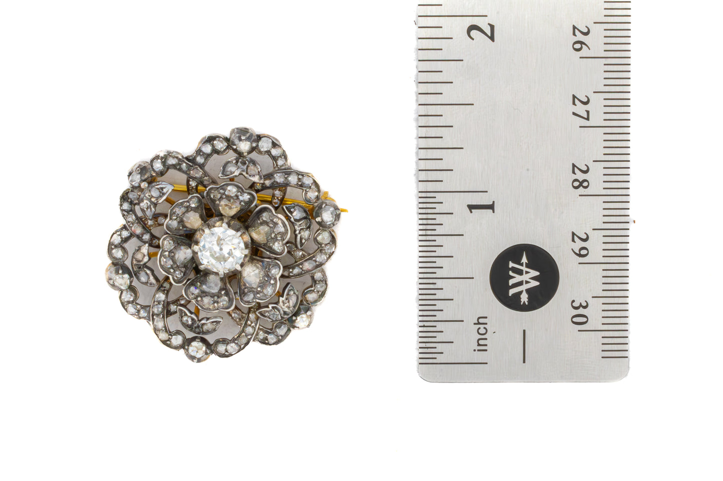 Antique Diamond Flower Brooch in Silver With Gold Platting