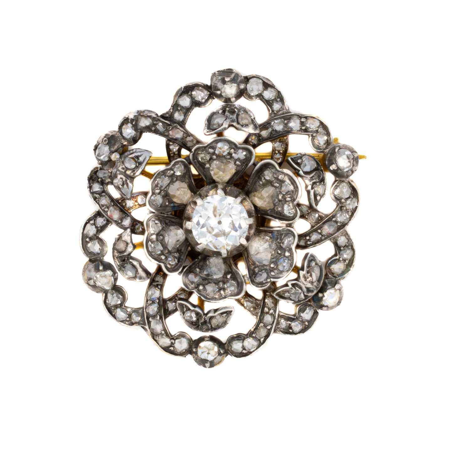 Antique Diamond Flower Brooch in Silver With Gold Platting