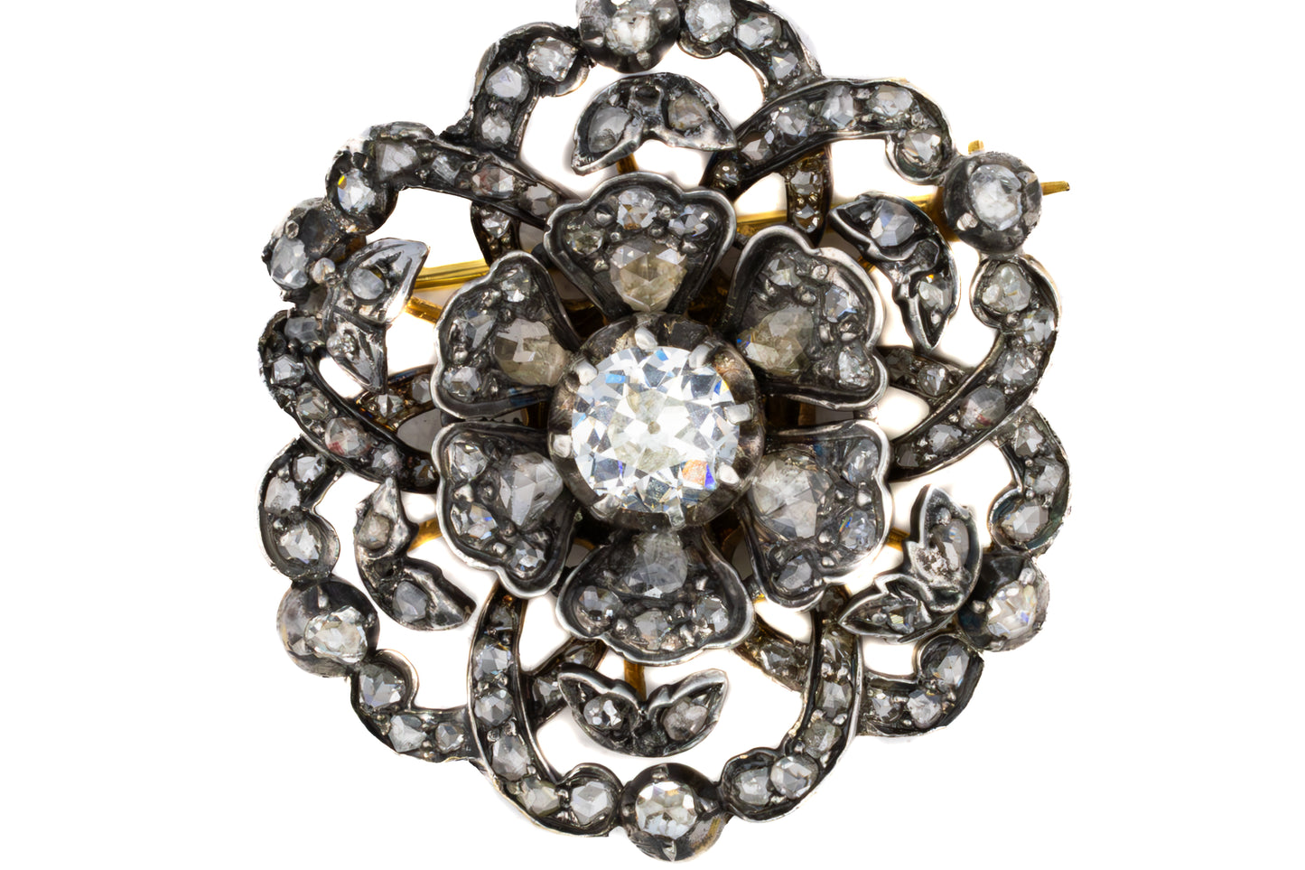 Antique Diamond Flower Brooch in Silver With Gold Platting