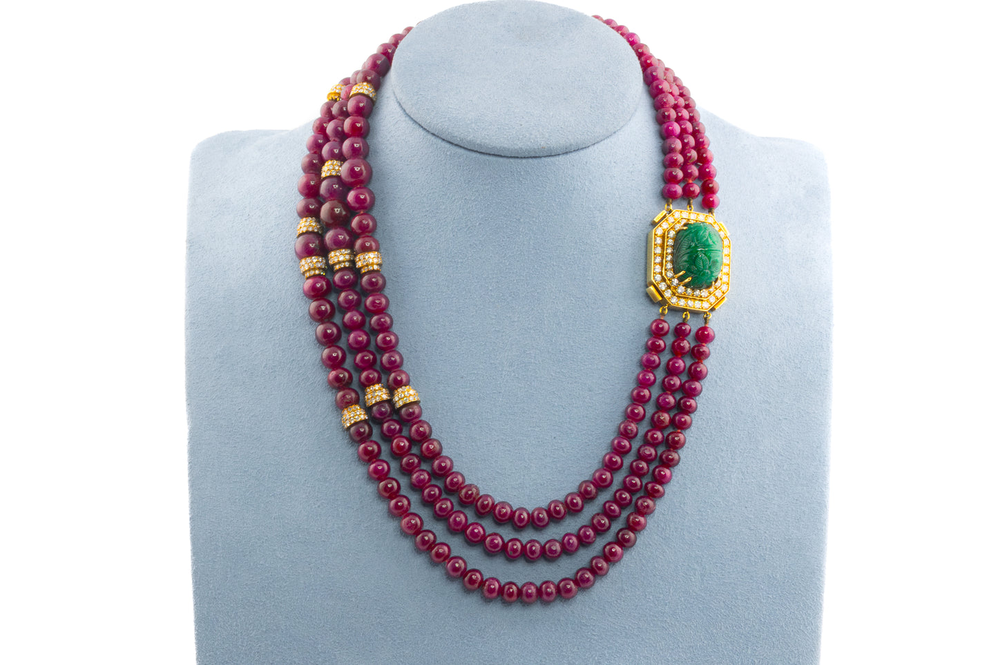 David Webb Carved Emerald and Ruby Bead Necklace