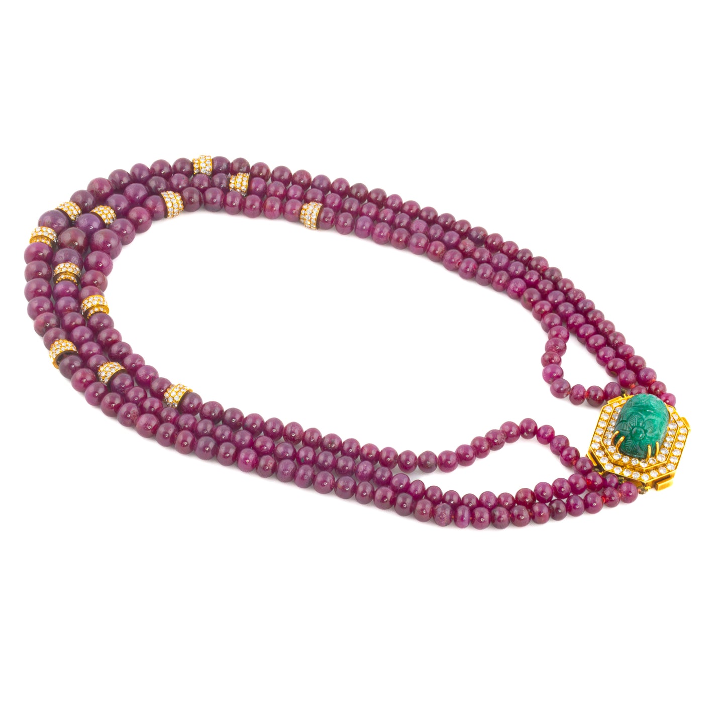 David Webb Carved Emerald and Ruby Bead Necklace