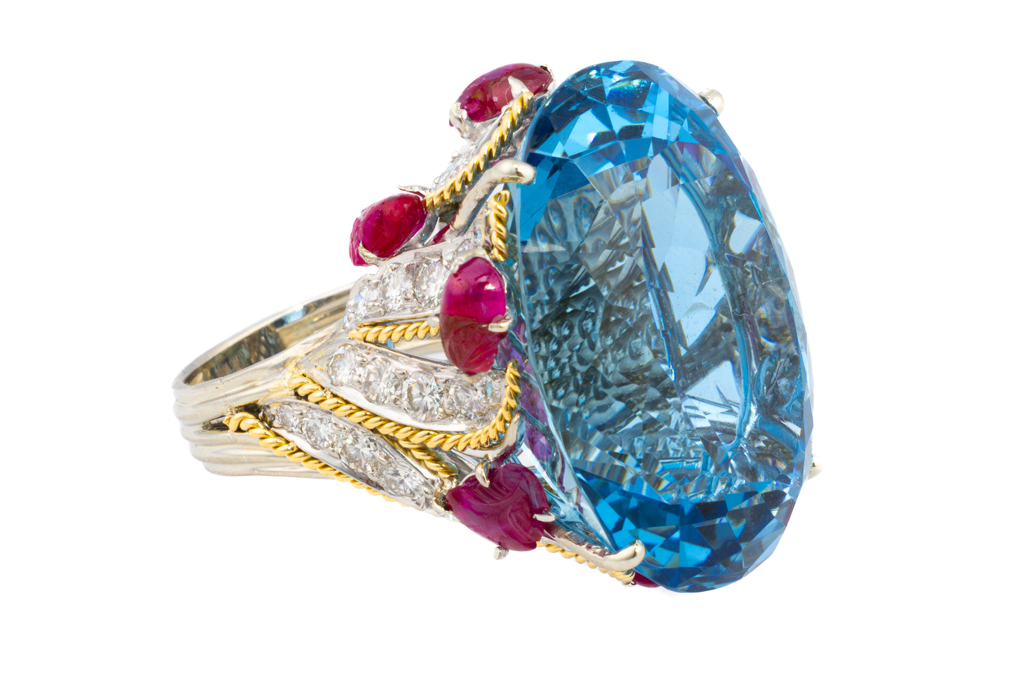 David Webb Oval Aquamarine, Carved Ruby, and Diamond Cocktail Ring