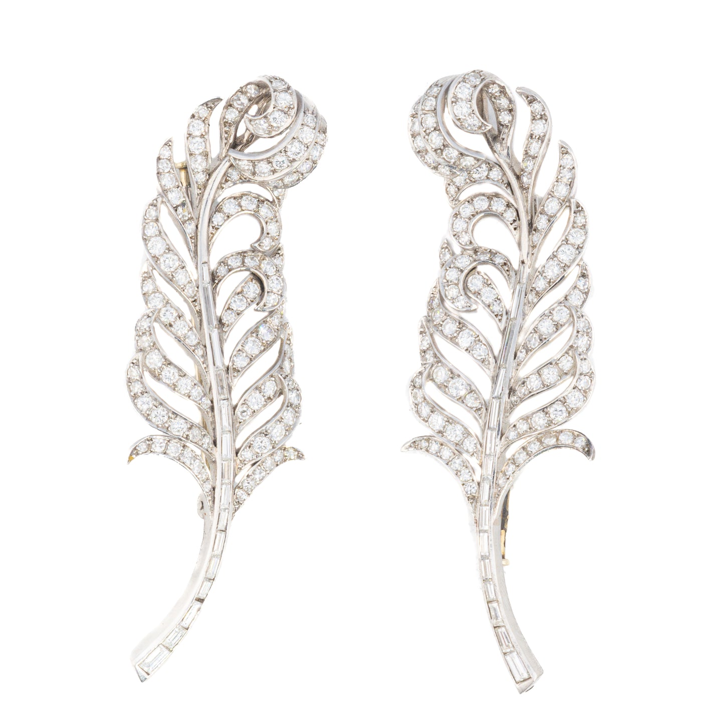 Pair of Diamond Feather Brooches in Platinum