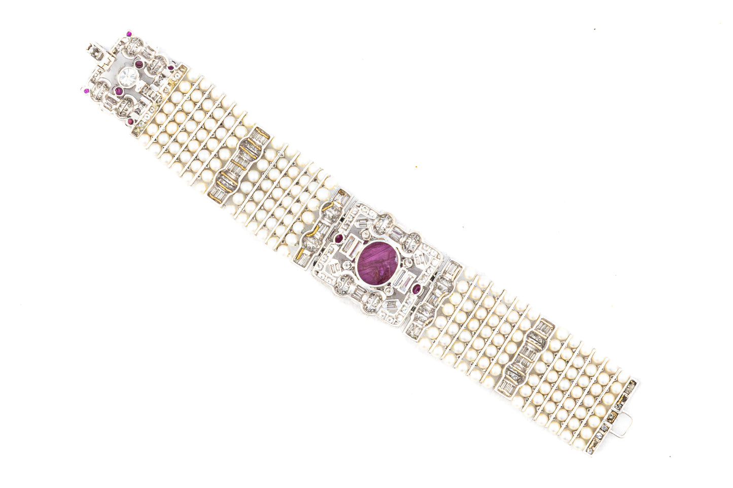Art Deco Diamond, Ruby & Multi Stranded Pearl Bracelet