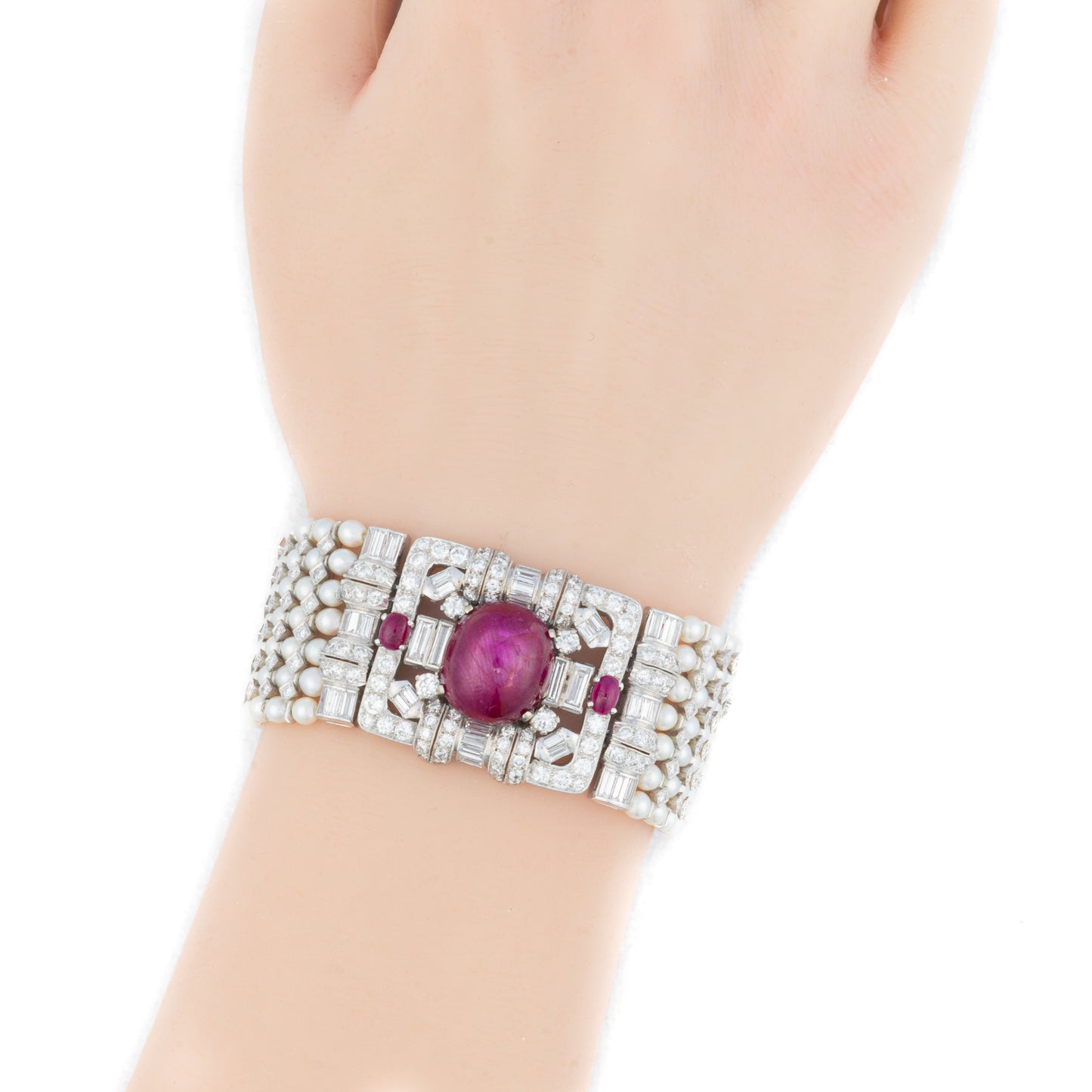 Art Deco Diamond, Ruby & Multi Stranded Pearl Bracelet