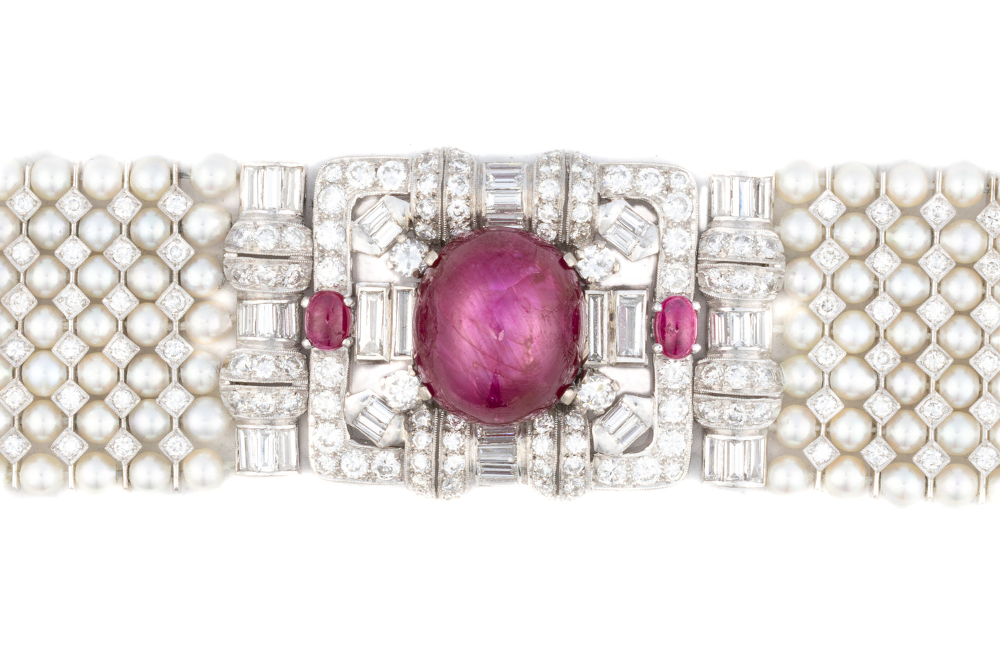 Art Deco Diamond, Ruby & Multi Stranded Pearl Bracelet