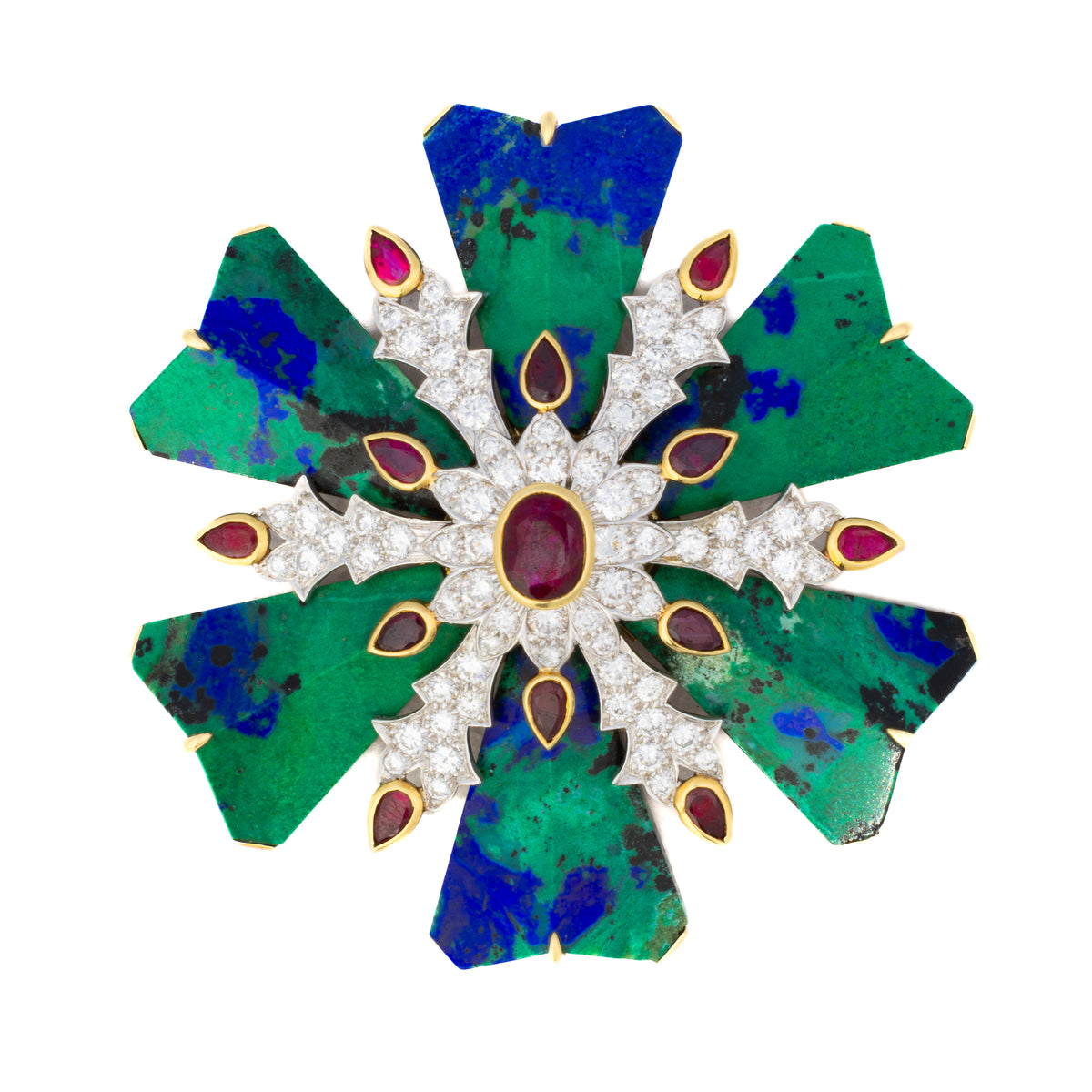 David Webb Azurmalachite, Ruby, and Diamond Maltese Cross Brooch