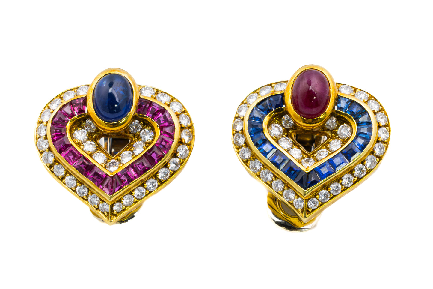 Faraone Cabochon Ruby, Sapphire, and Diamond Heart Earring & Brooch Set