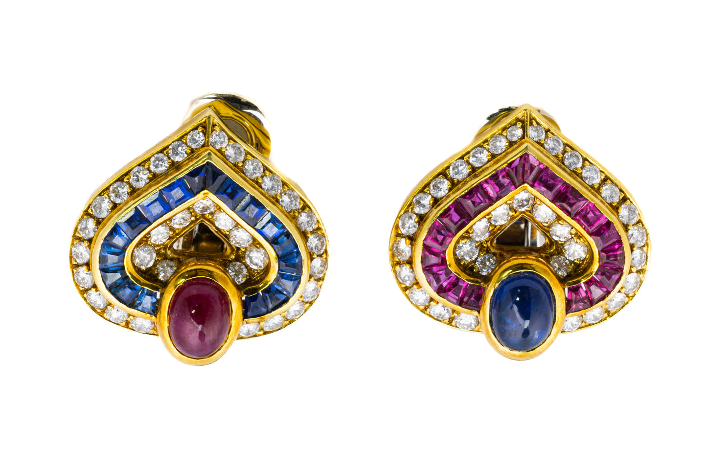 Faraone Cabochon Ruby, Sapphire, and Diamond Heart Earring & Brooch Set