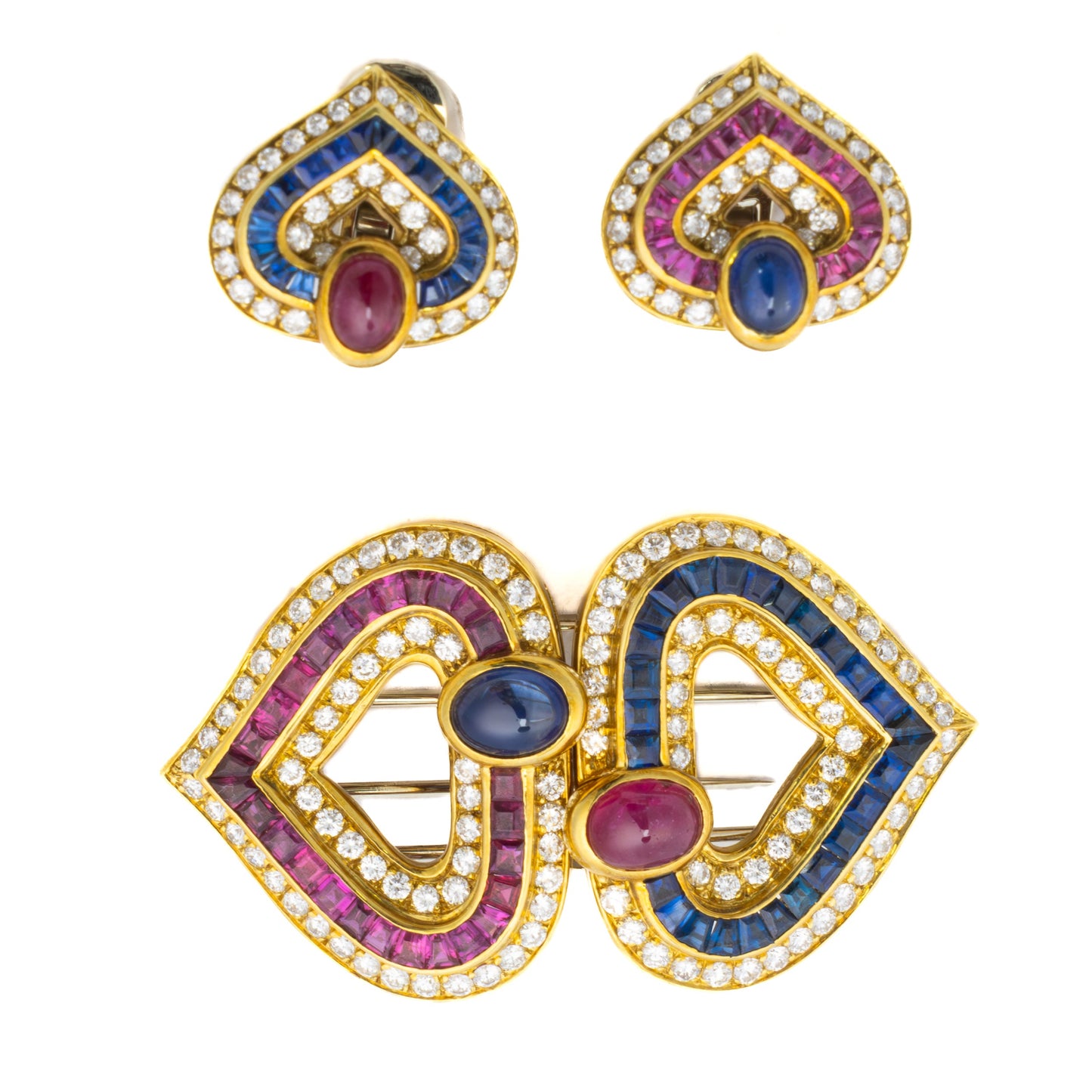 Faraone Cabochon Ruby, Sapphire, and Diamond Heart Earring & Brooch Set