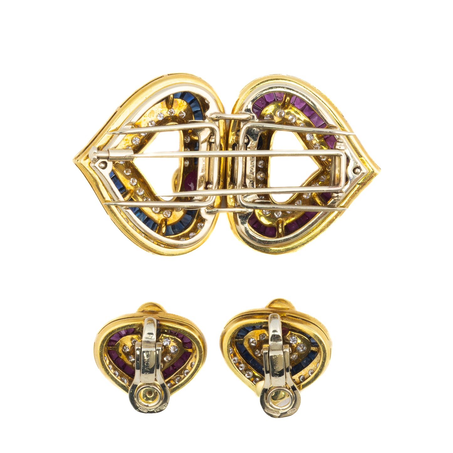 Faraone Cabochon Ruby, Sapphire, and Diamond Heart Earring & Brooch Set