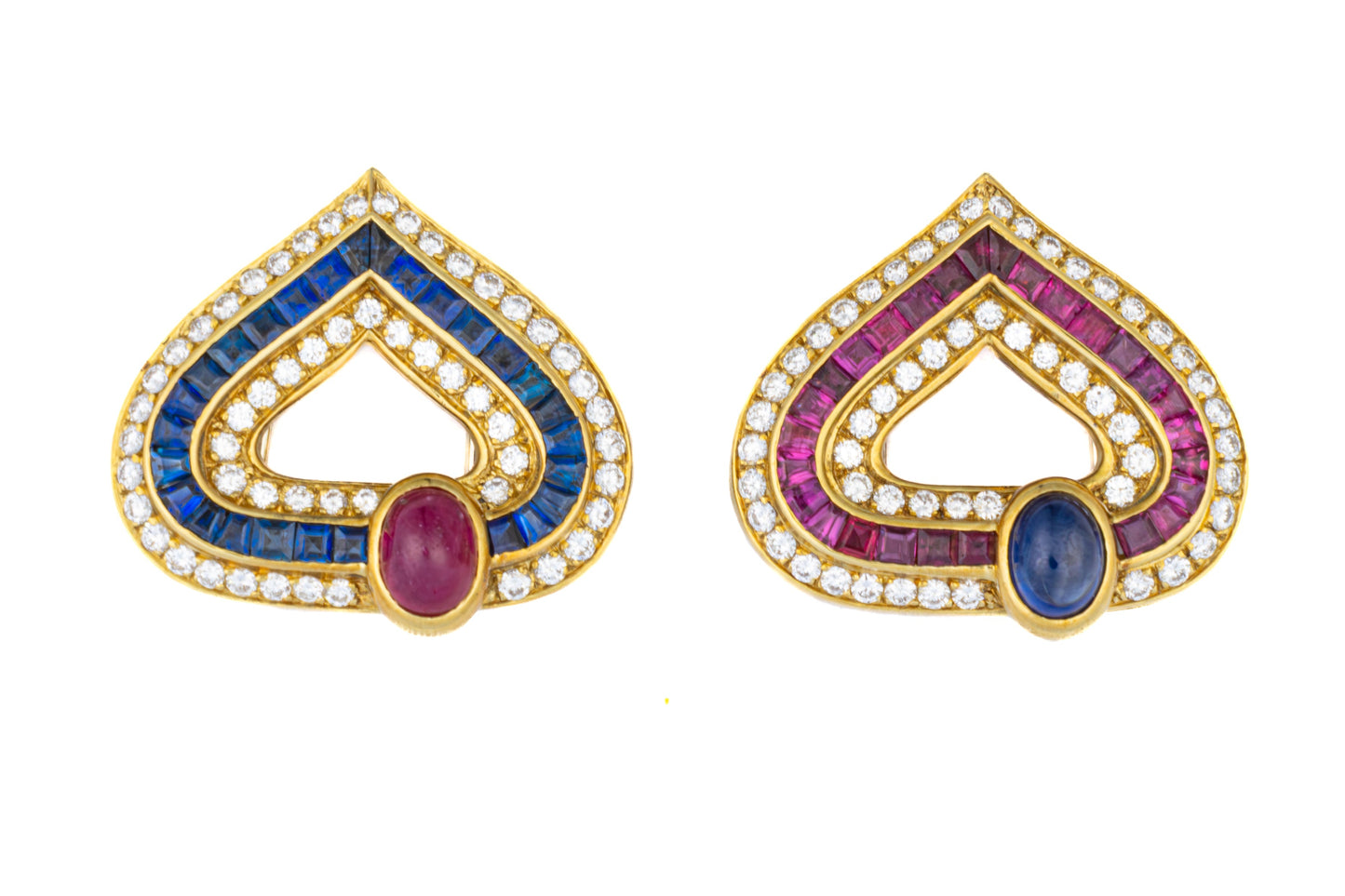 Faraone Cabochon Ruby, Sapphire, and Diamond Heart Earring & Brooch Set