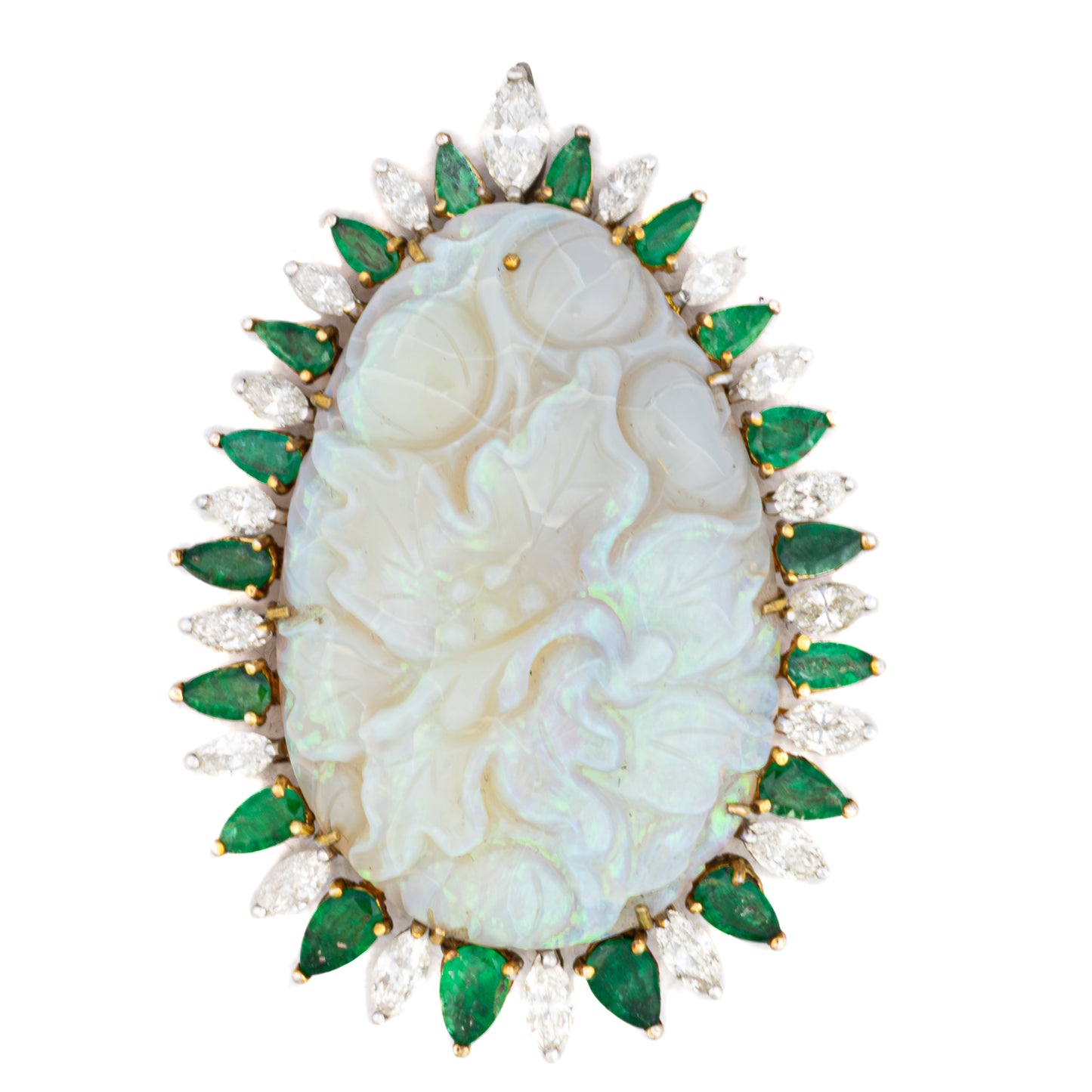 Carved Opal Emerald and Diamond Halo Brooch