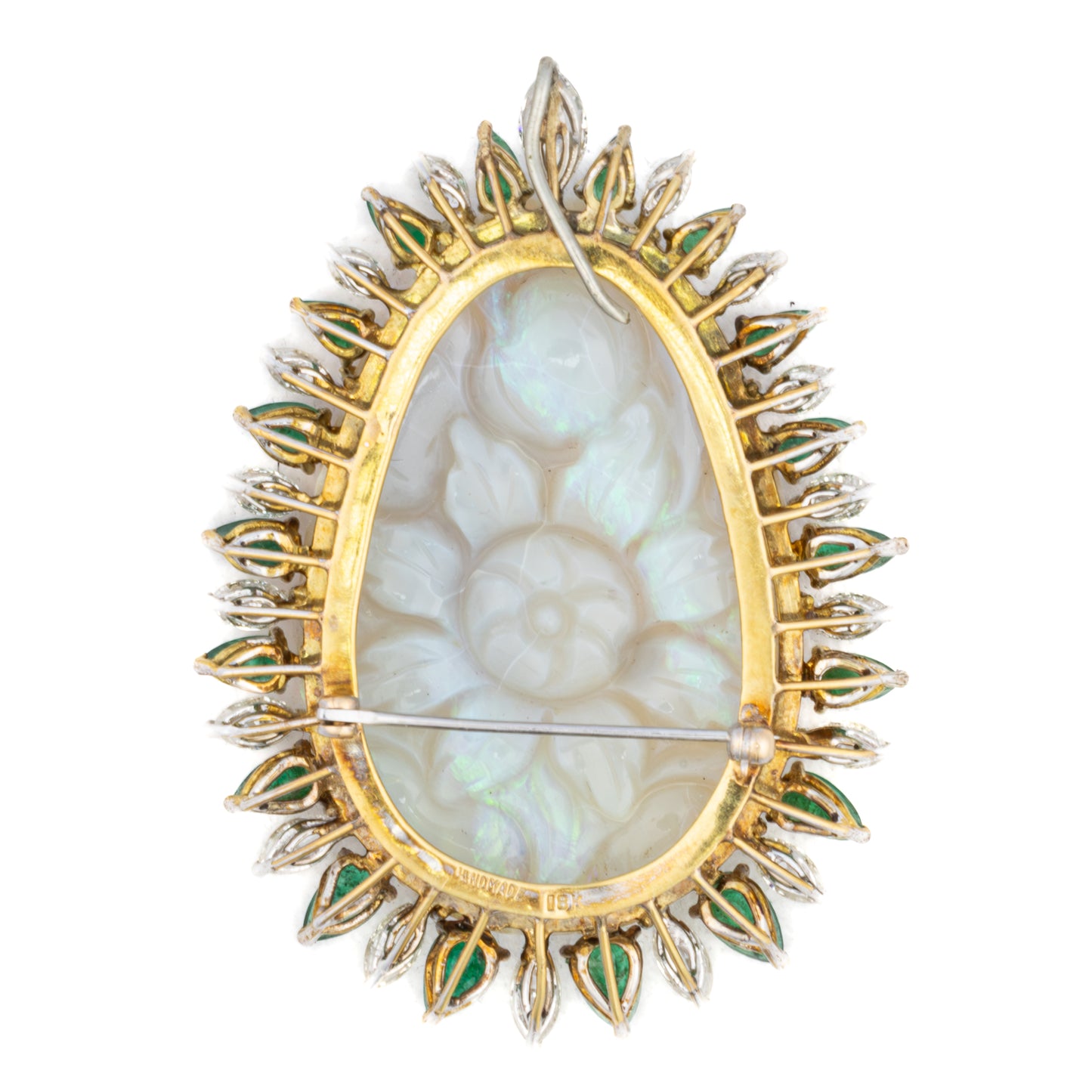 Carved Opal Emerald and Diamond Halo Brooch
