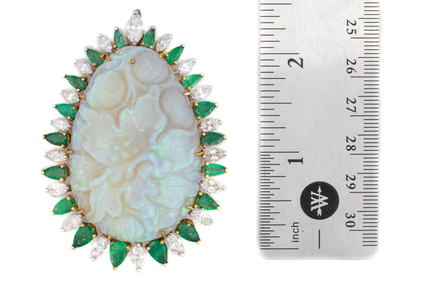 Carved Opal Emerald and Diamond Halo Brooch