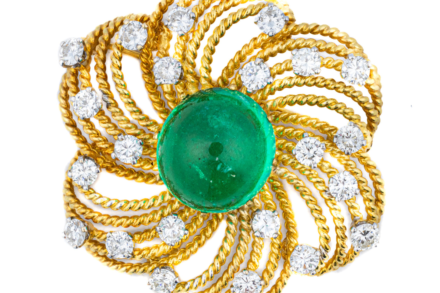 Diamond and Cabochon Emerald Floral Brooch
