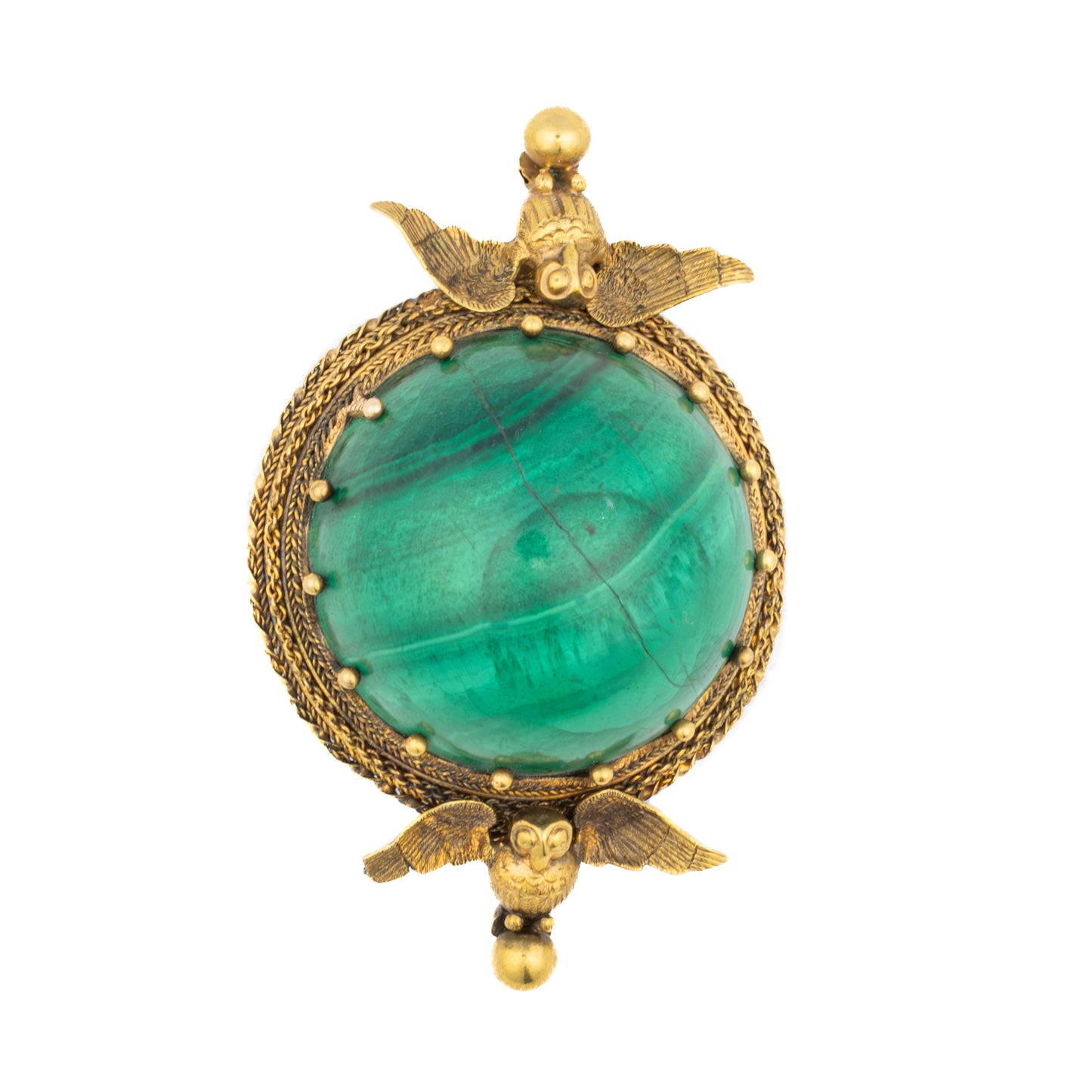 Antique Malachite and Owl Motif Brooch